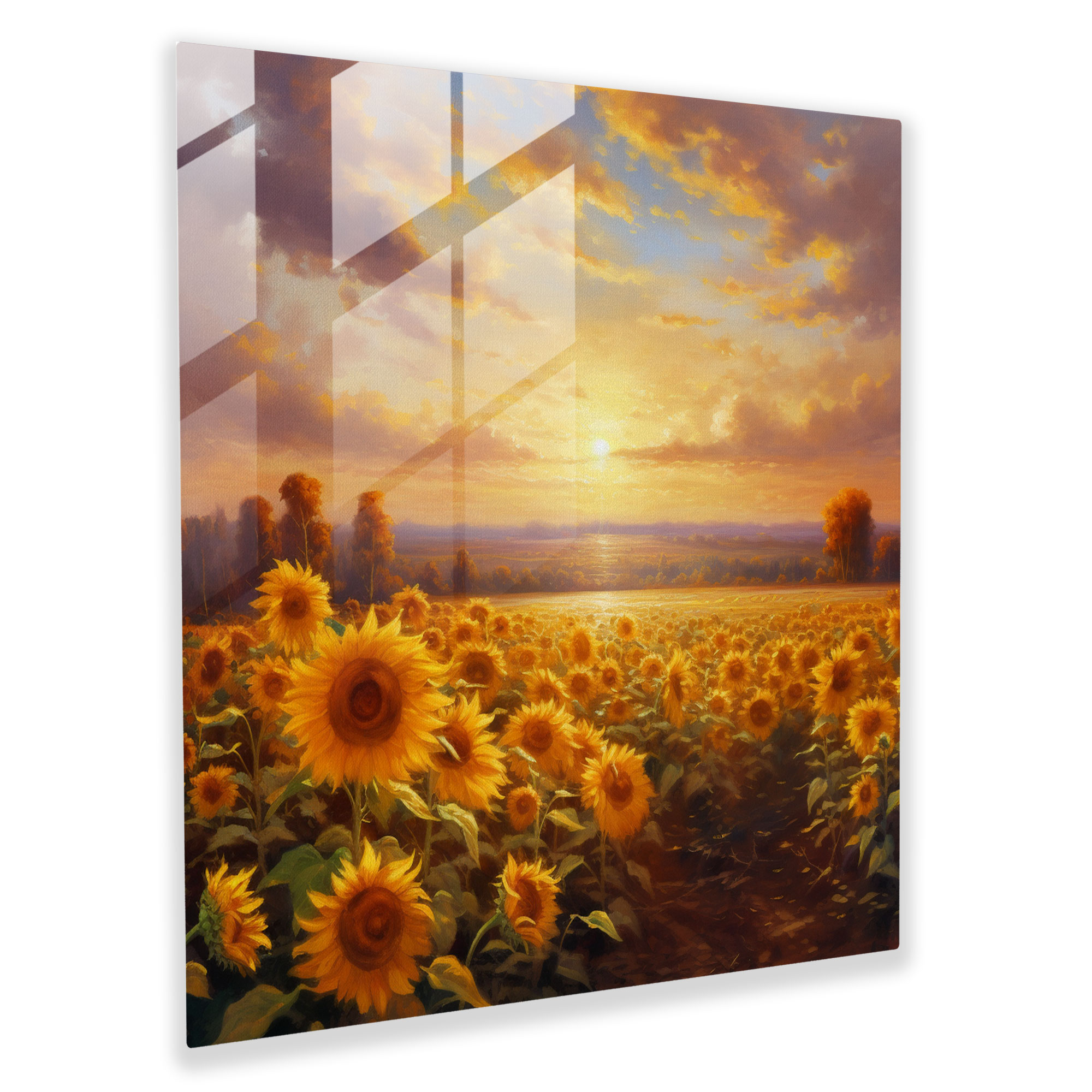 Glasbild Abendrot-Glanz - Glaswandkunst mit impressionistischen Sonnenblumen - Wohnkultur - Wanddekoration