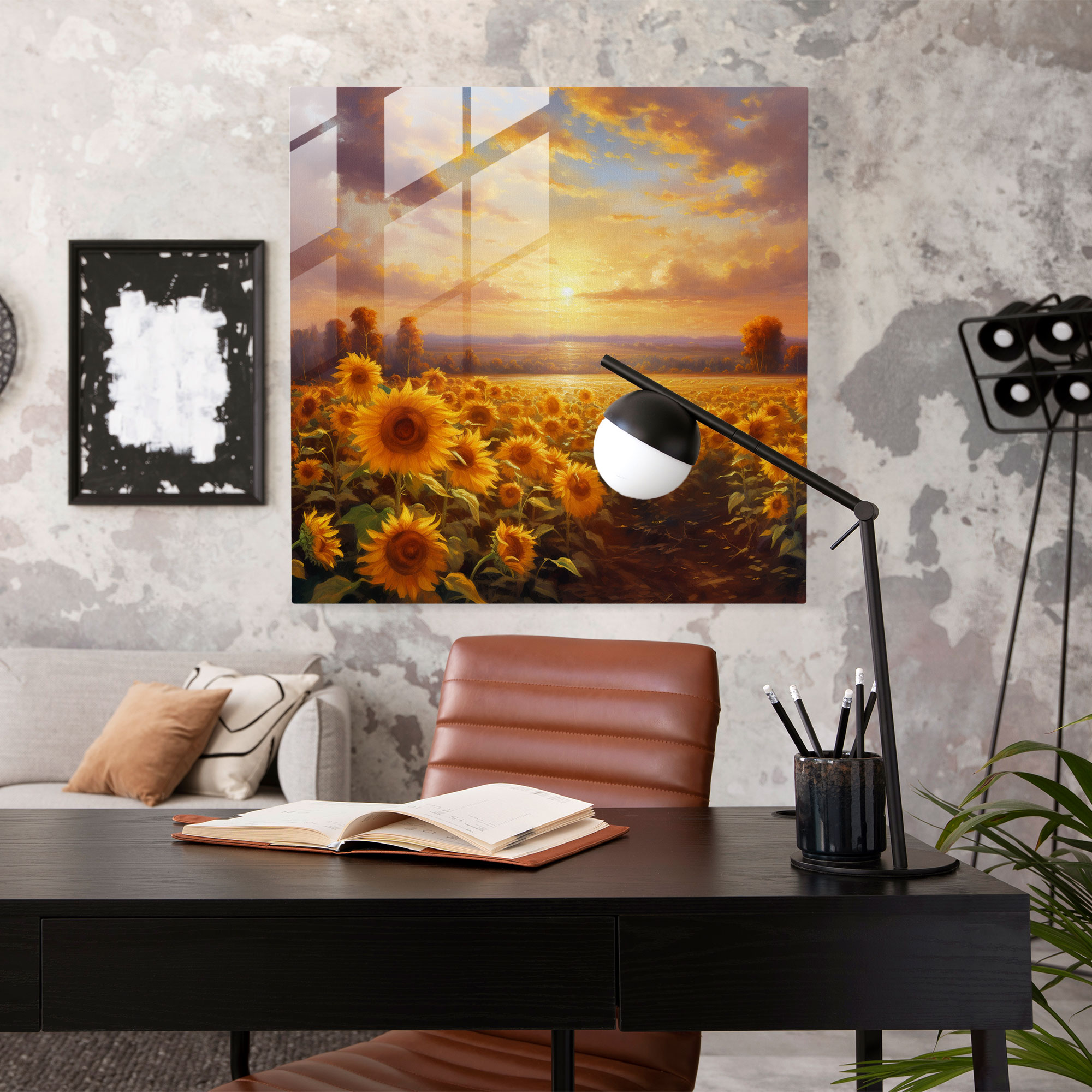 Glasbild Abendrot-Glanz - Glaswandkunst mit impressionistischen Sonnenblumen - Wohnkultur - Wanddekoration
