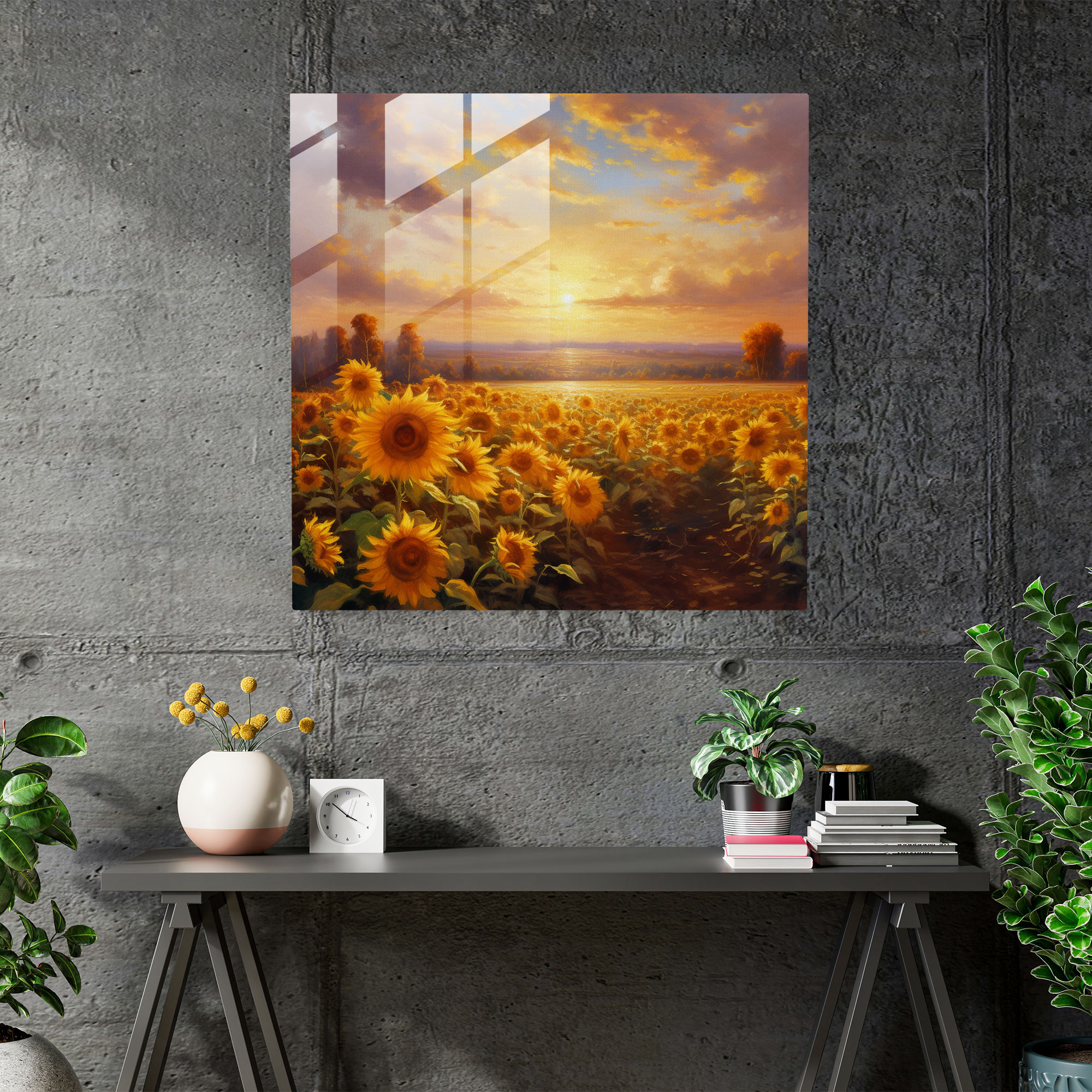 Glasbild Abendrot-Glanz - Glaswandkunst mit impressionistischen Sonnenblumen - Wohnkultur - Wanddekoration