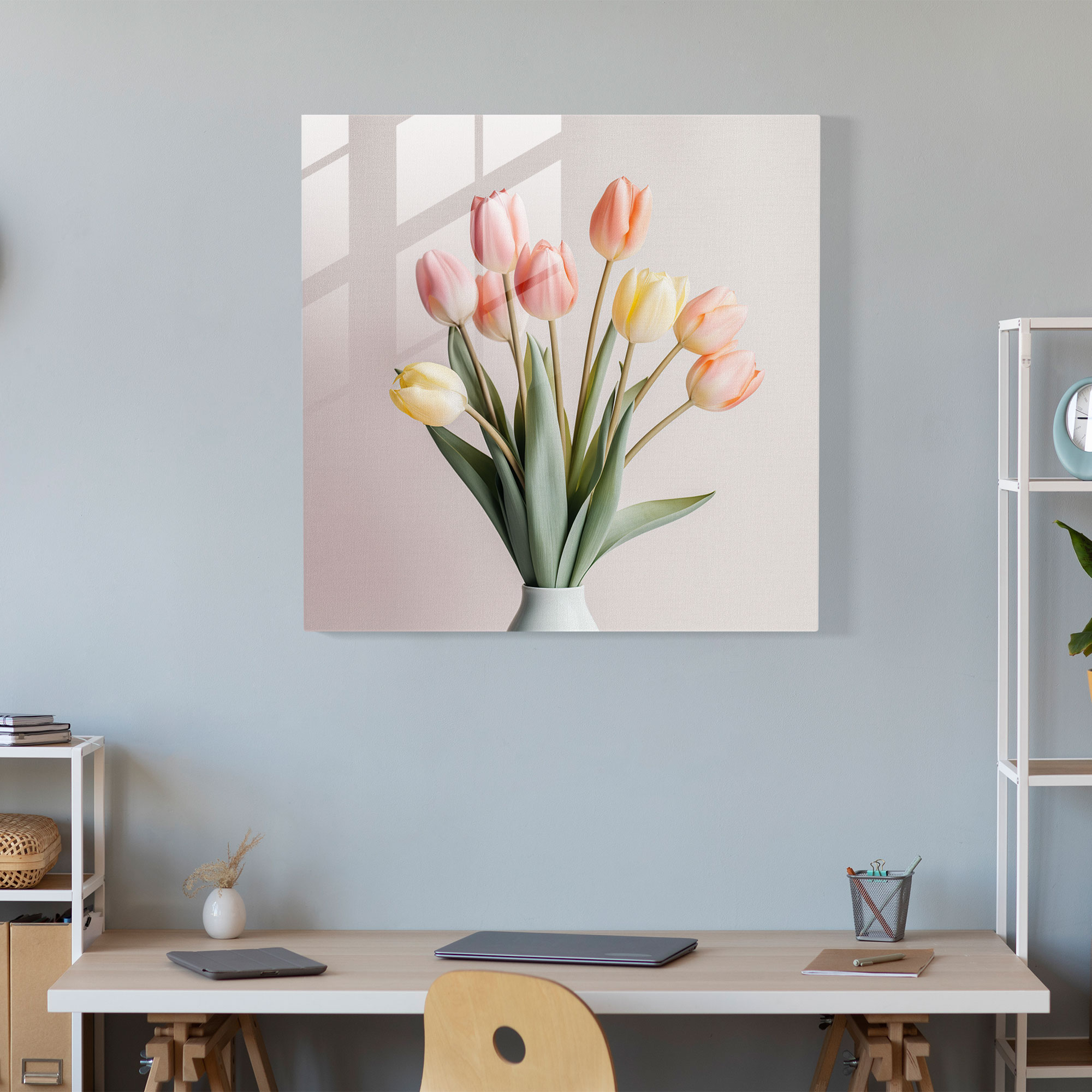 Glasbild Pastellblüten - Minimalistische Tulpen Glas Wandkunst - Raumdekoration - Modernes Kunstwerk