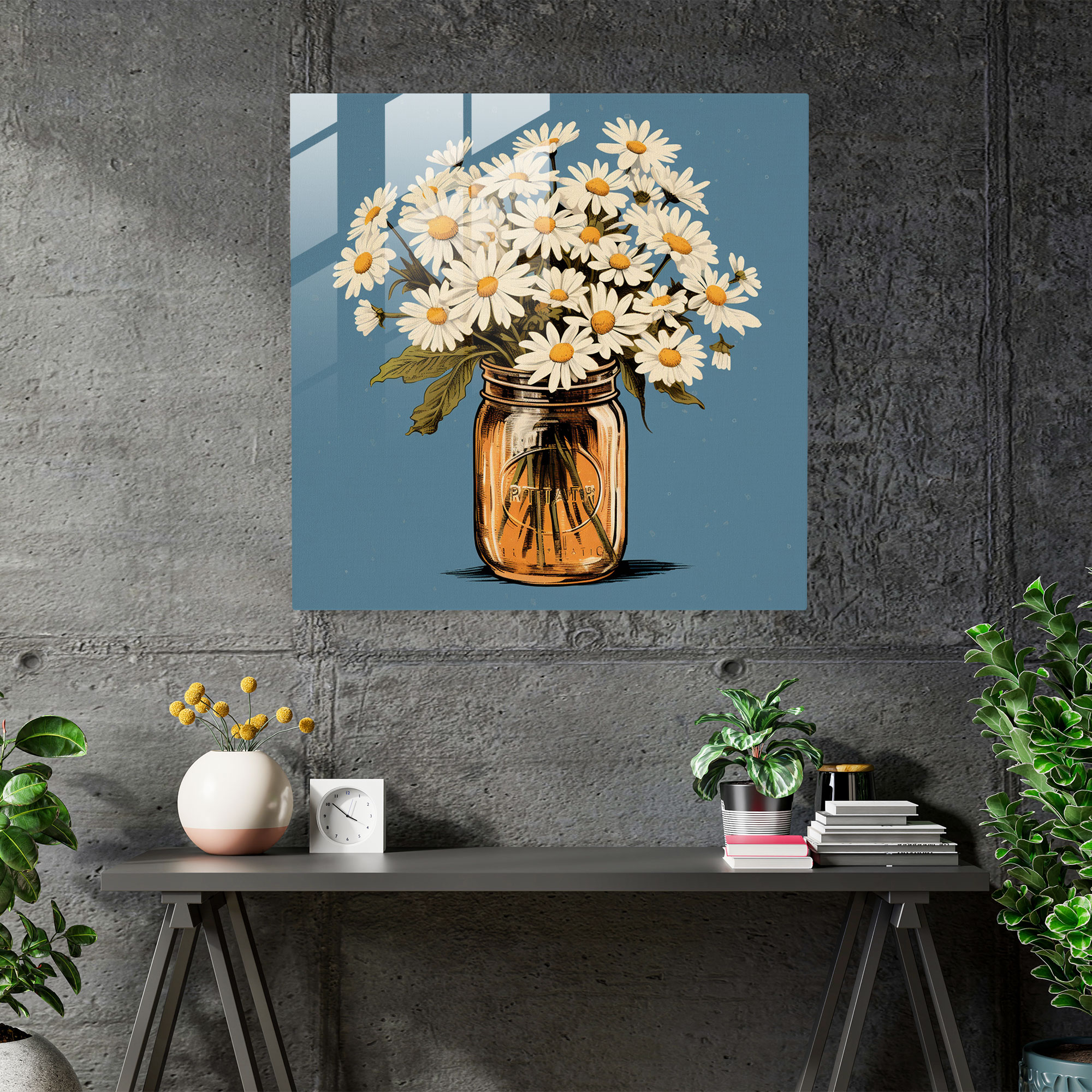 Glasbild Landhaus-Charme - Retro Gänseblümchen Glas Wandkunst - Dekoration für Zuhause - Wanddeko