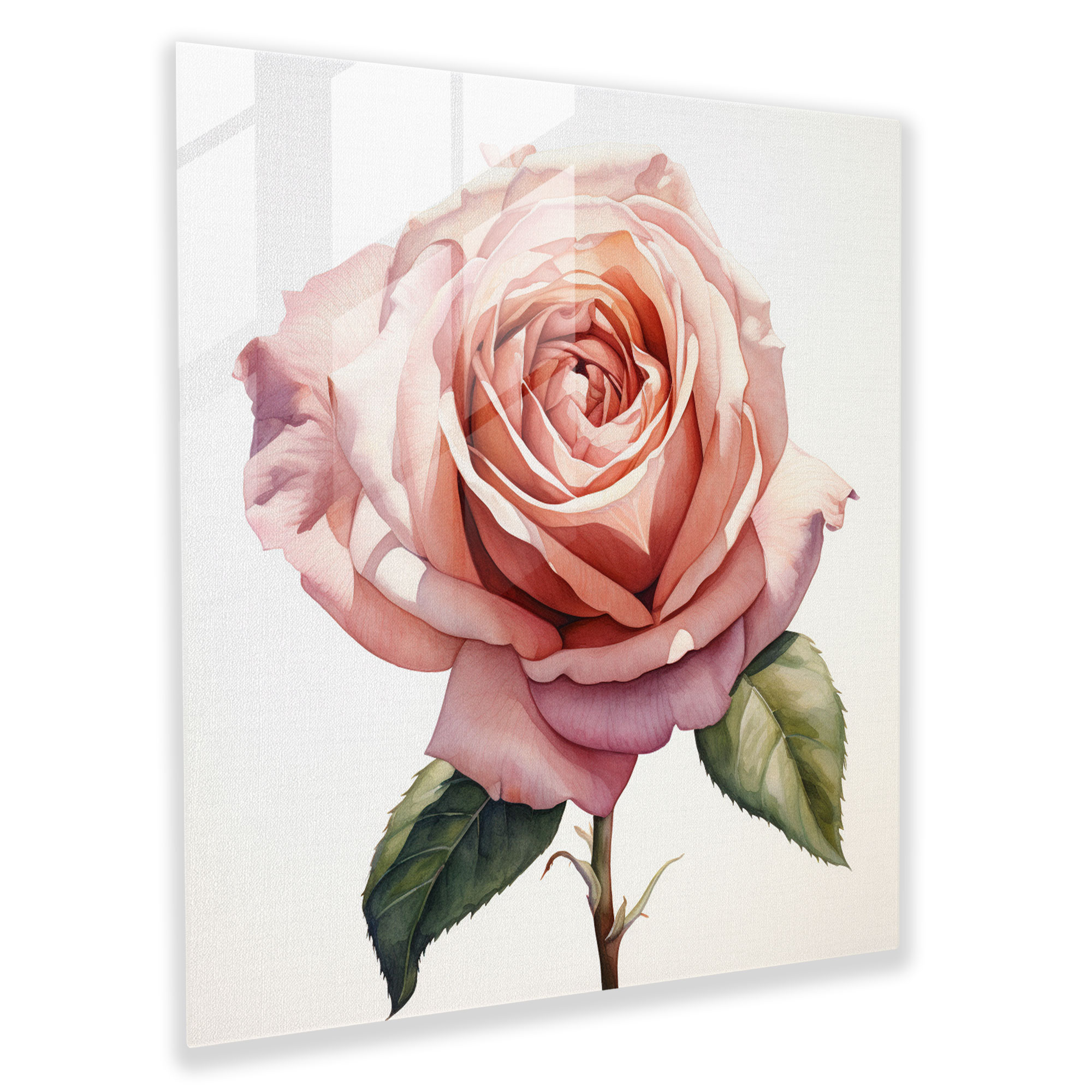 Glasbild Blühende Rose - Realistisches Aquarellglas Wandkunst - Wohnkultur - Modernes Kunstwerk