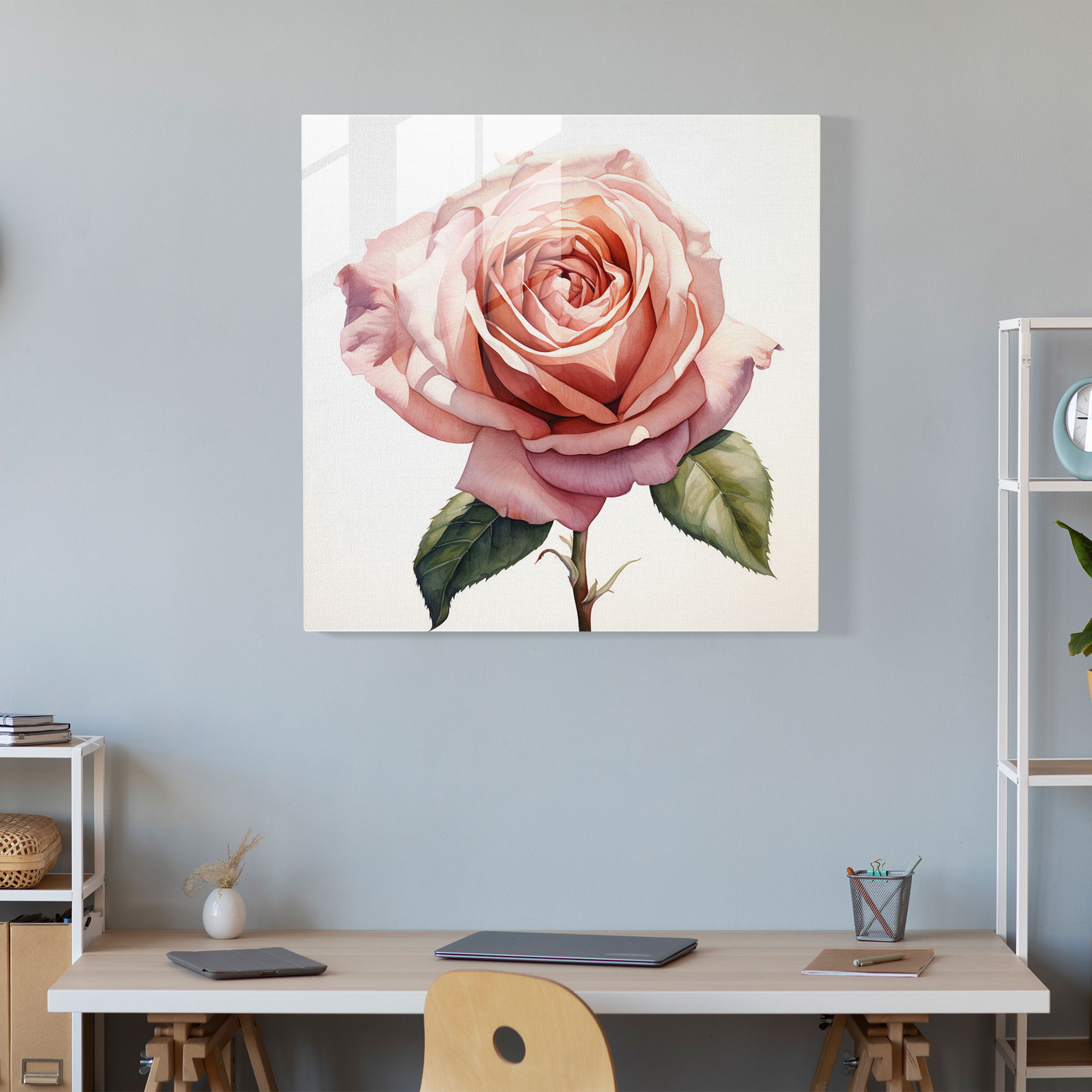 Glasbild Blühende Rose - Realistisches Aquarellglas Wandkunst - Wohnkultur - Modernes Kunstwerk