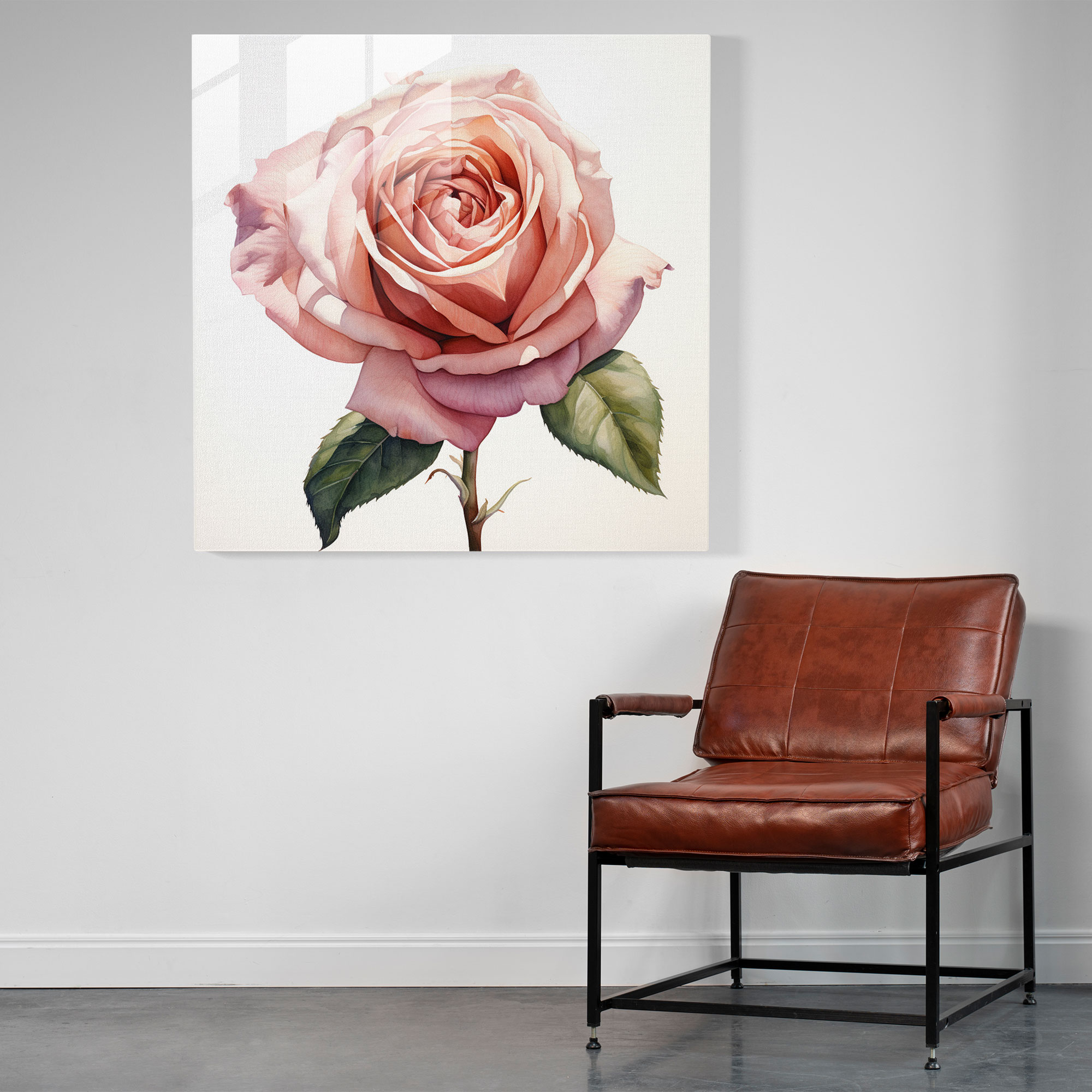 Glasbild Blühende Rose - Realistisches Aquarellglas Wandkunst - Wohnkultur - Modernes Kunstwerk