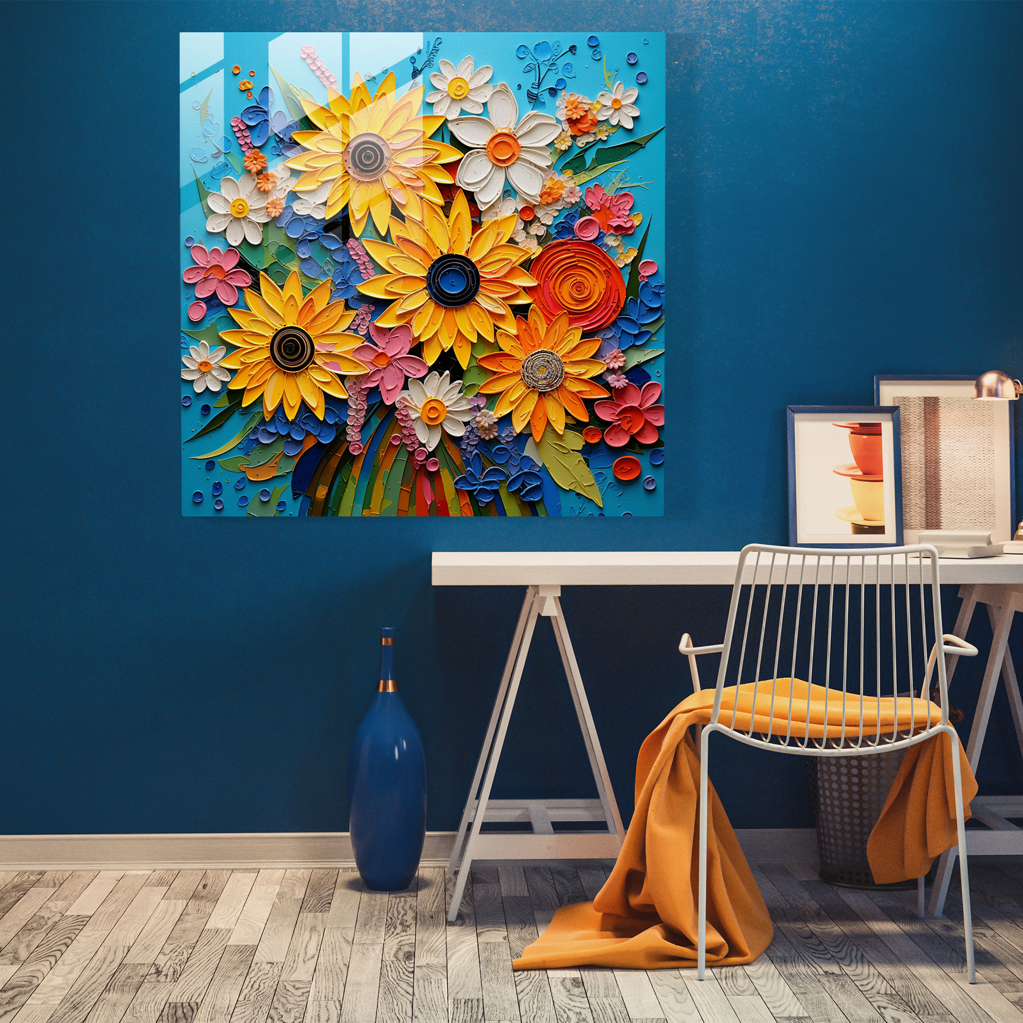 Glasbild Farbenexplosion - Pop Art Gänseblümchen und Sonnenblumen Glas Wandkunst - Wohnkultur - Wanddekoration