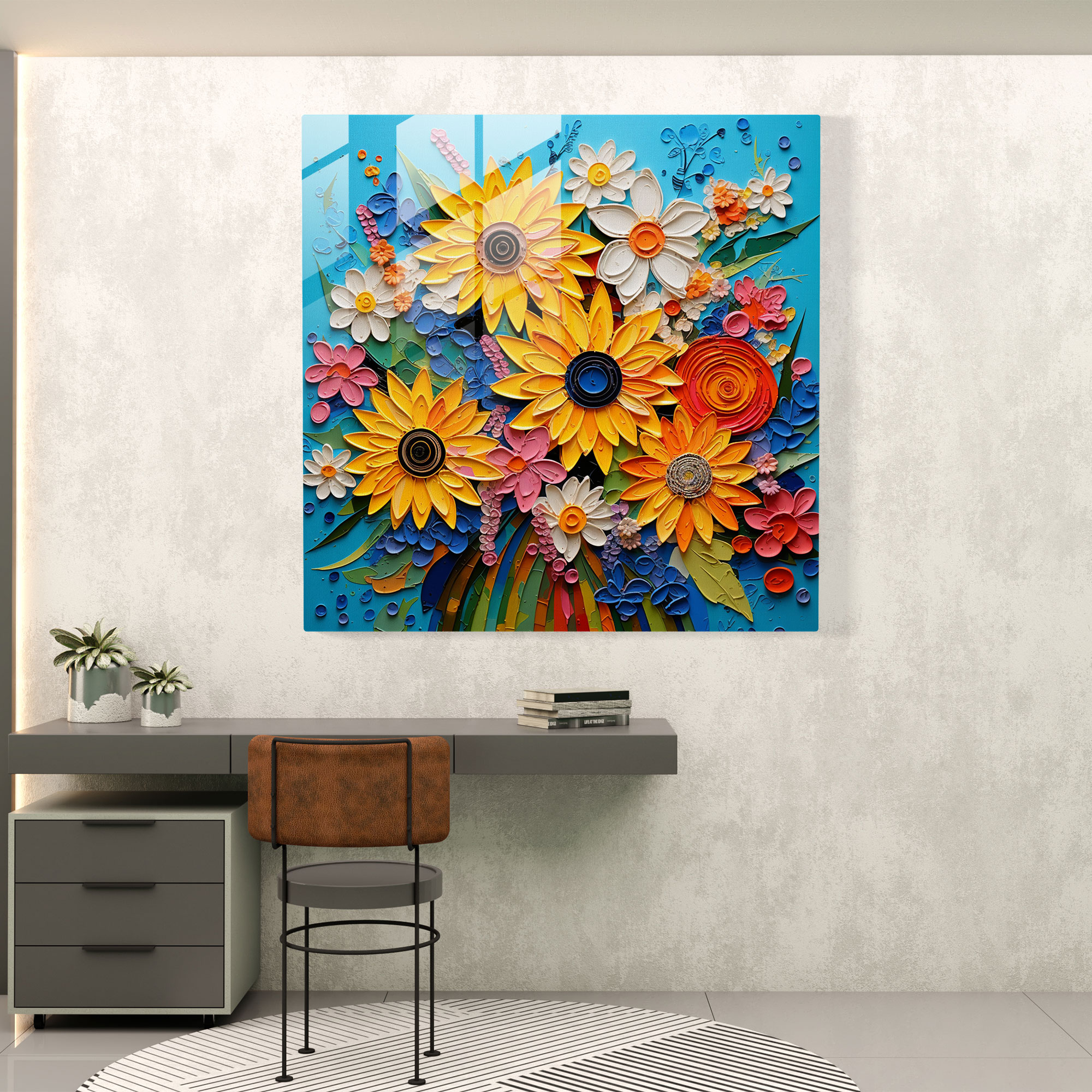 Glasbild Farbenexplosion - Pop Art Gänseblümchen und Sonnenblumen Glas Wandkunst - Wohnkultur - Wanddekoration