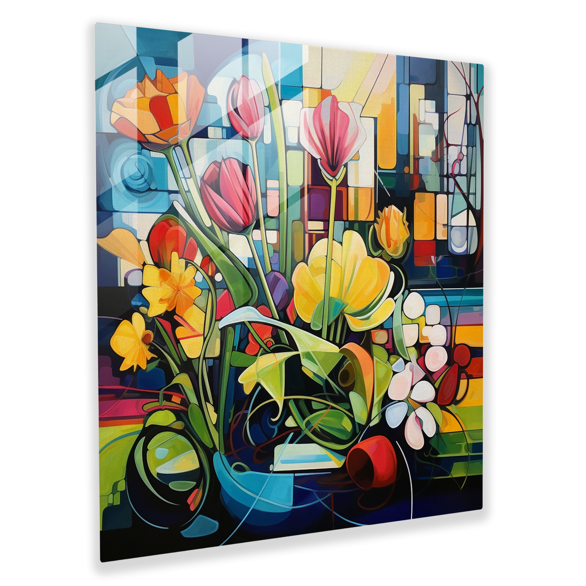 Glasbild mit floralem Mosaikdruck - Modernes kubistisches Gartenglas Wandkunstwerk - Wohnkultur - Wanddekoration