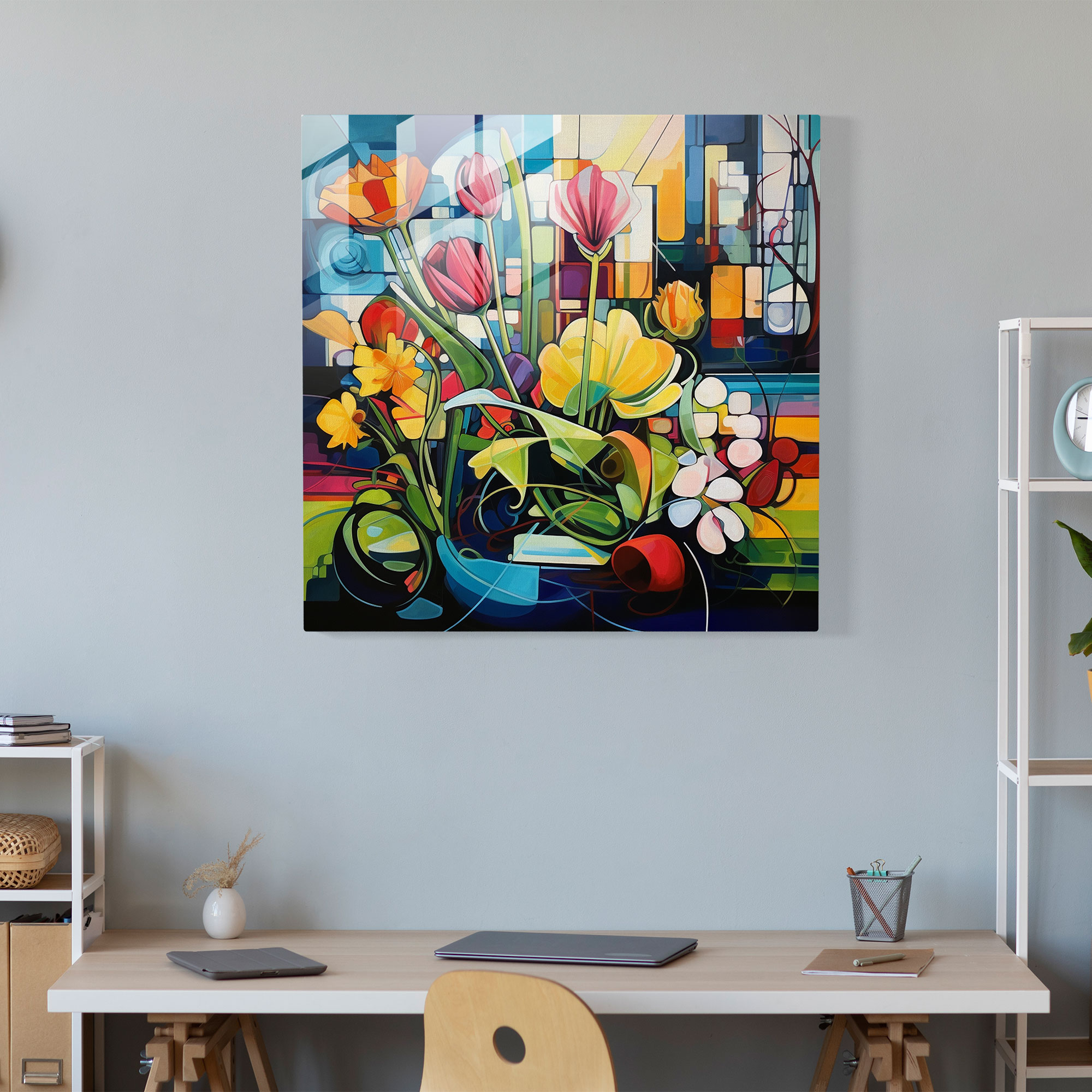 Glasbild mit floralem Mosaikdruck - Modernes kubistisches Gartenglas Wandkunstwerk - Wohnkultur - Wanddekoration