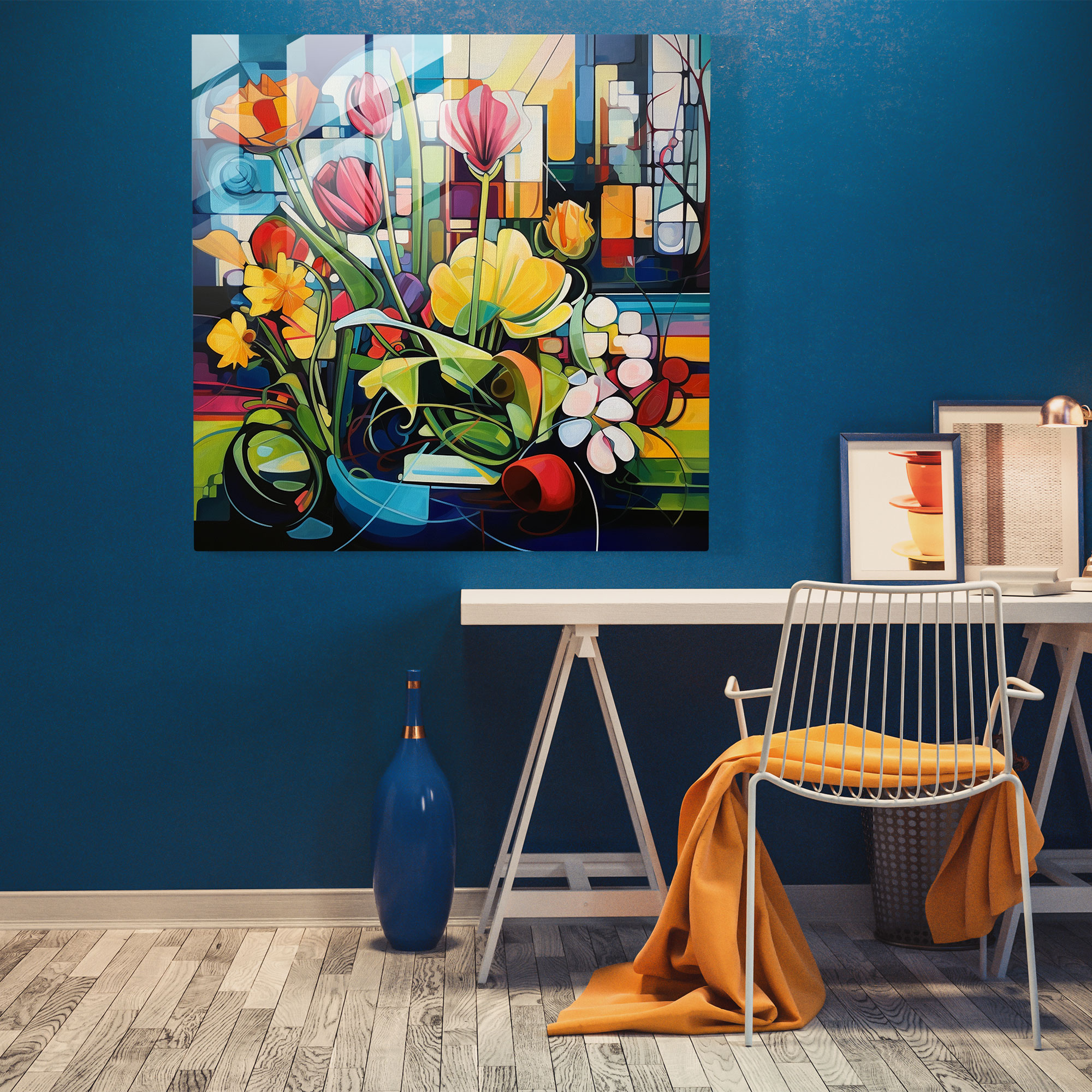Glasbild mit floralem Mosaikdruck - Modernes kubistisches Gartenglas Wandkunstwerk - Wohnkultur - Wanddekoration