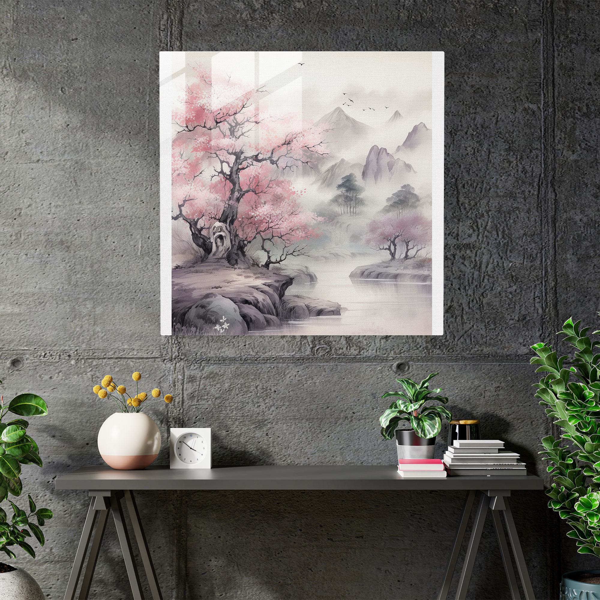 Cherry Blossom Serenity Glass Print - Traditional Chinese Ink Glass Wall Art - Home Decoration - Modern Art Work