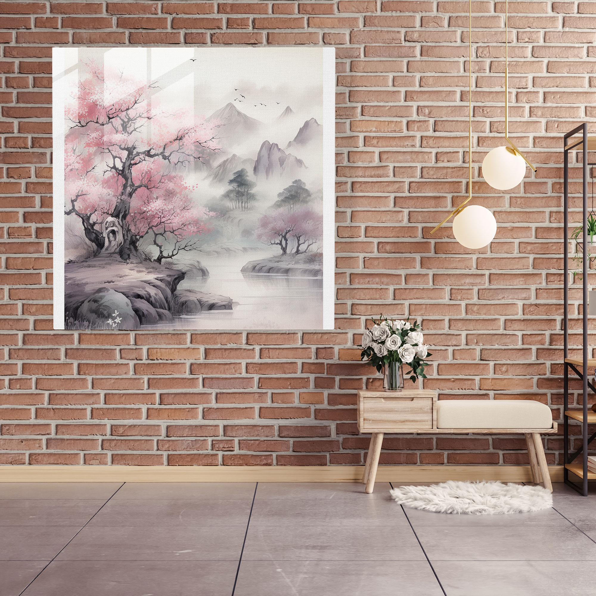 Cherry Blossom Serenity Glass Print - Traditional Chinese Ink Glass Wall Art - Home Decoration - Modern Art Work