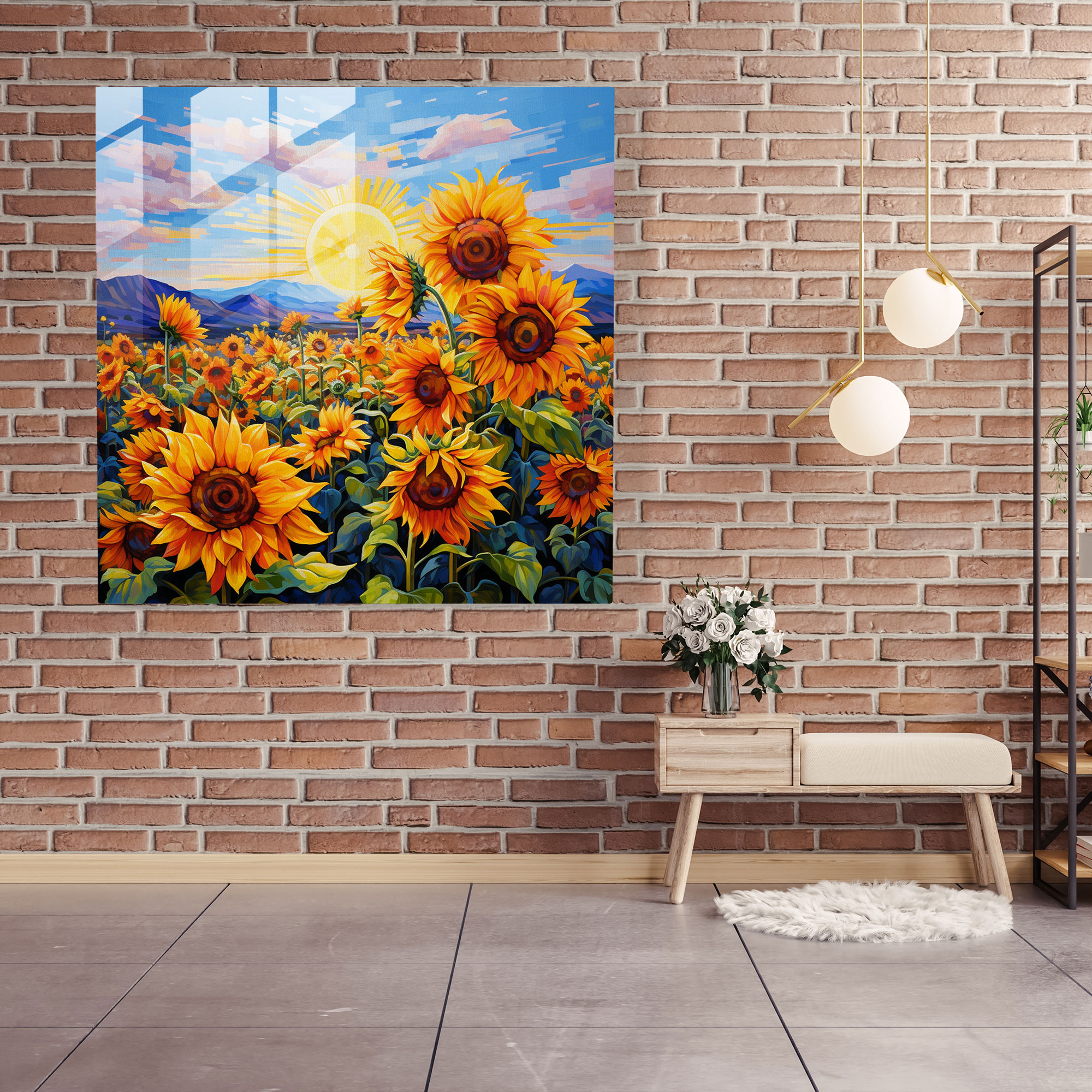 Buntes Sonnenblumen Glasbild - Lebendige und lebhafte Glaswanddekoration