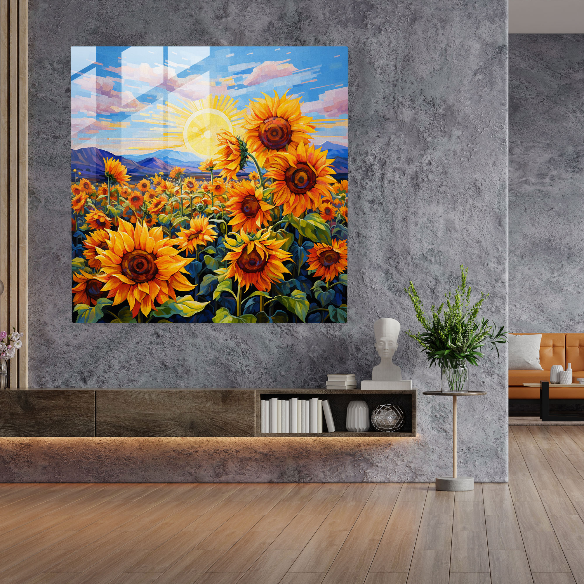 Buntes Sonnenblumen Glasbild - Lebendige und lebhafte Glaswanddekoration