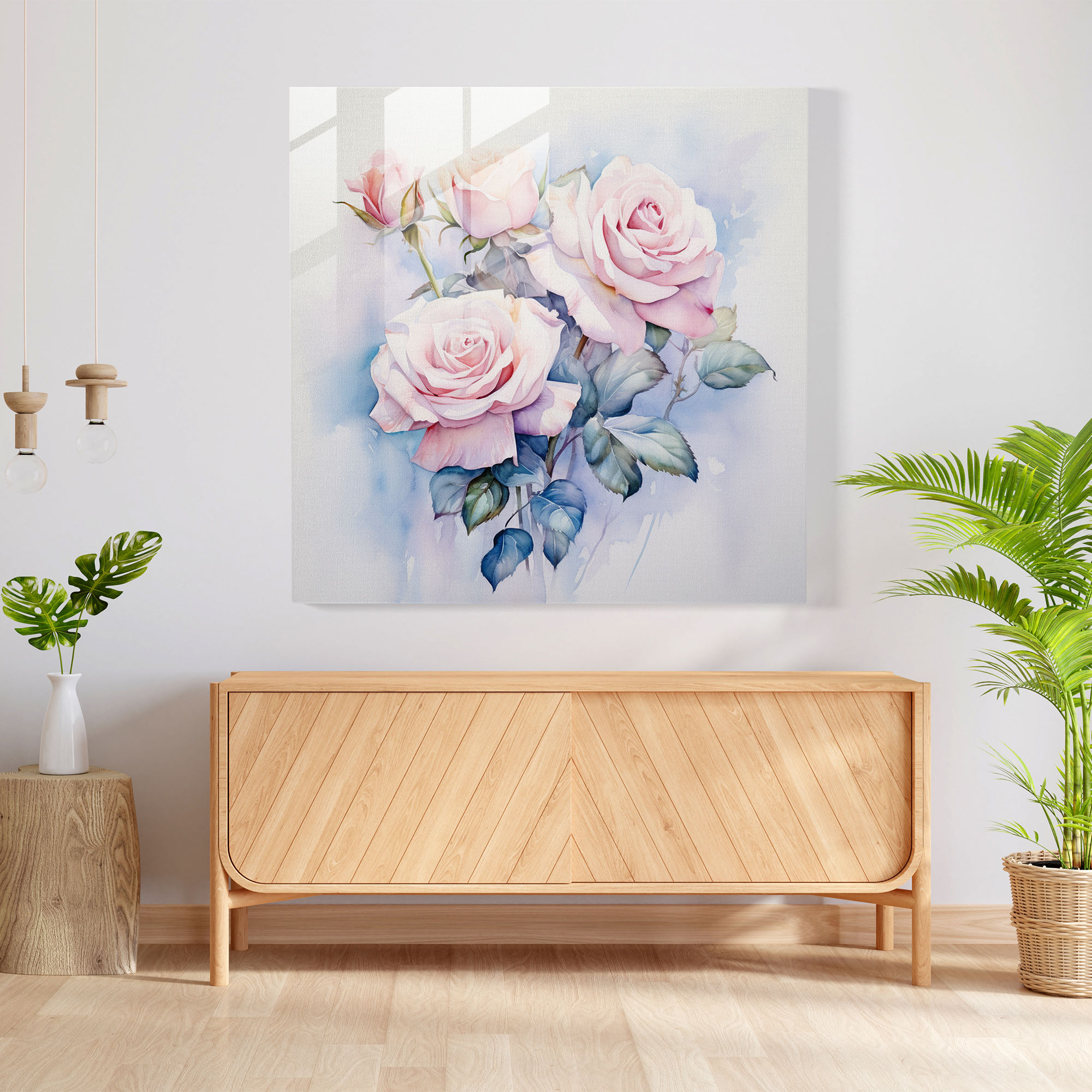 Zarter Rosenstrauß Glasbild - Feine Aquarell Wanddekoration