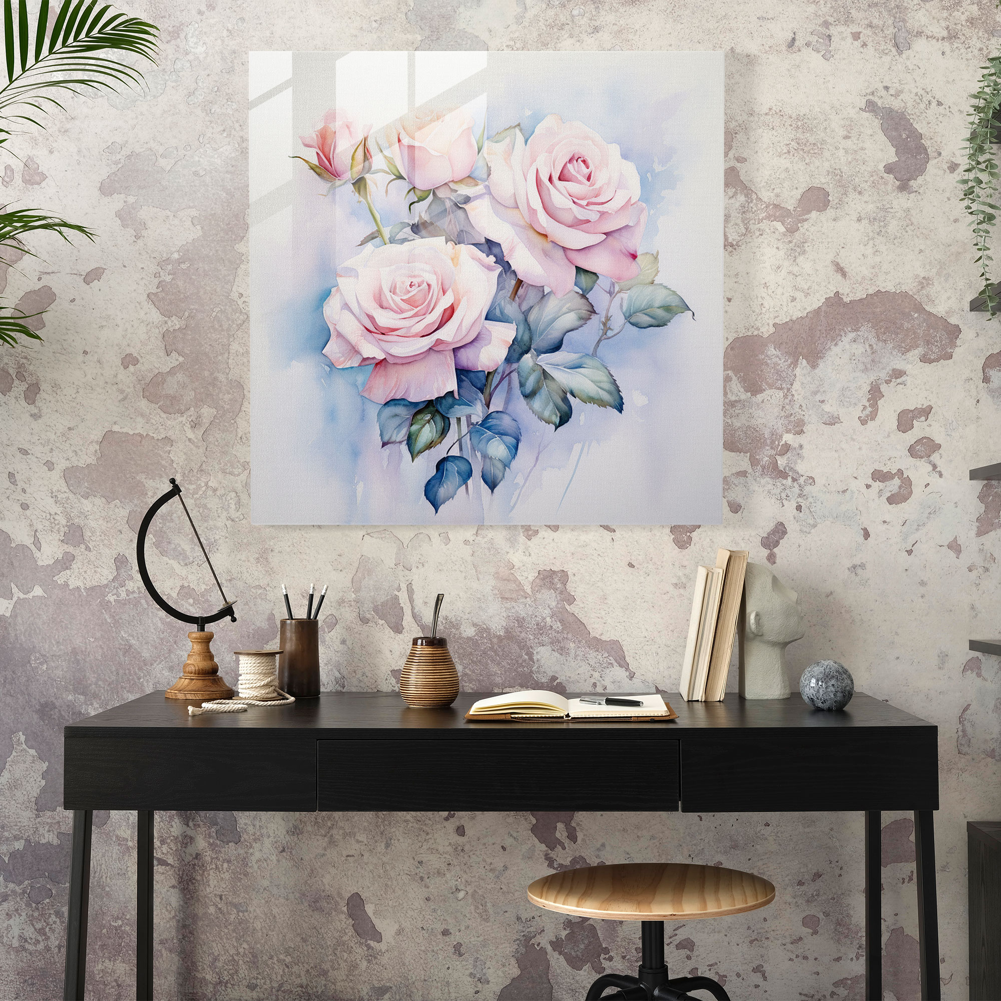 Zarter Rosenstrauß Glasbild - Feine Aquarell Wanddekoration