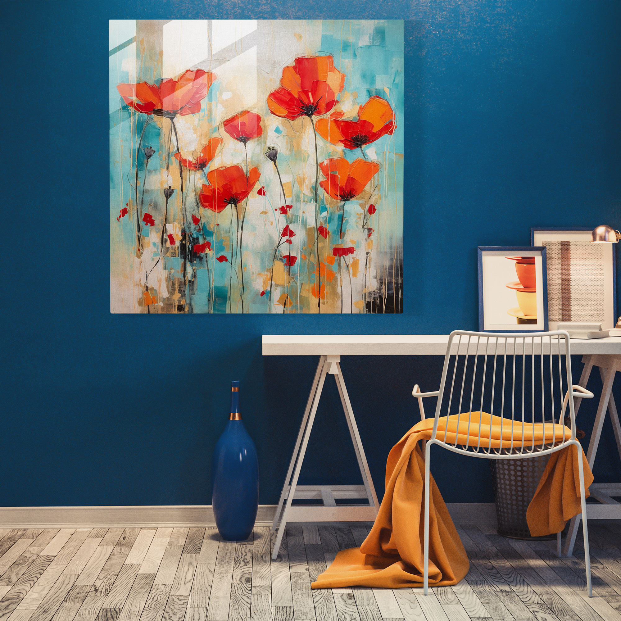 Abstract Poppy Field Glass Print Artwork - Modern Wall Decorative Piece