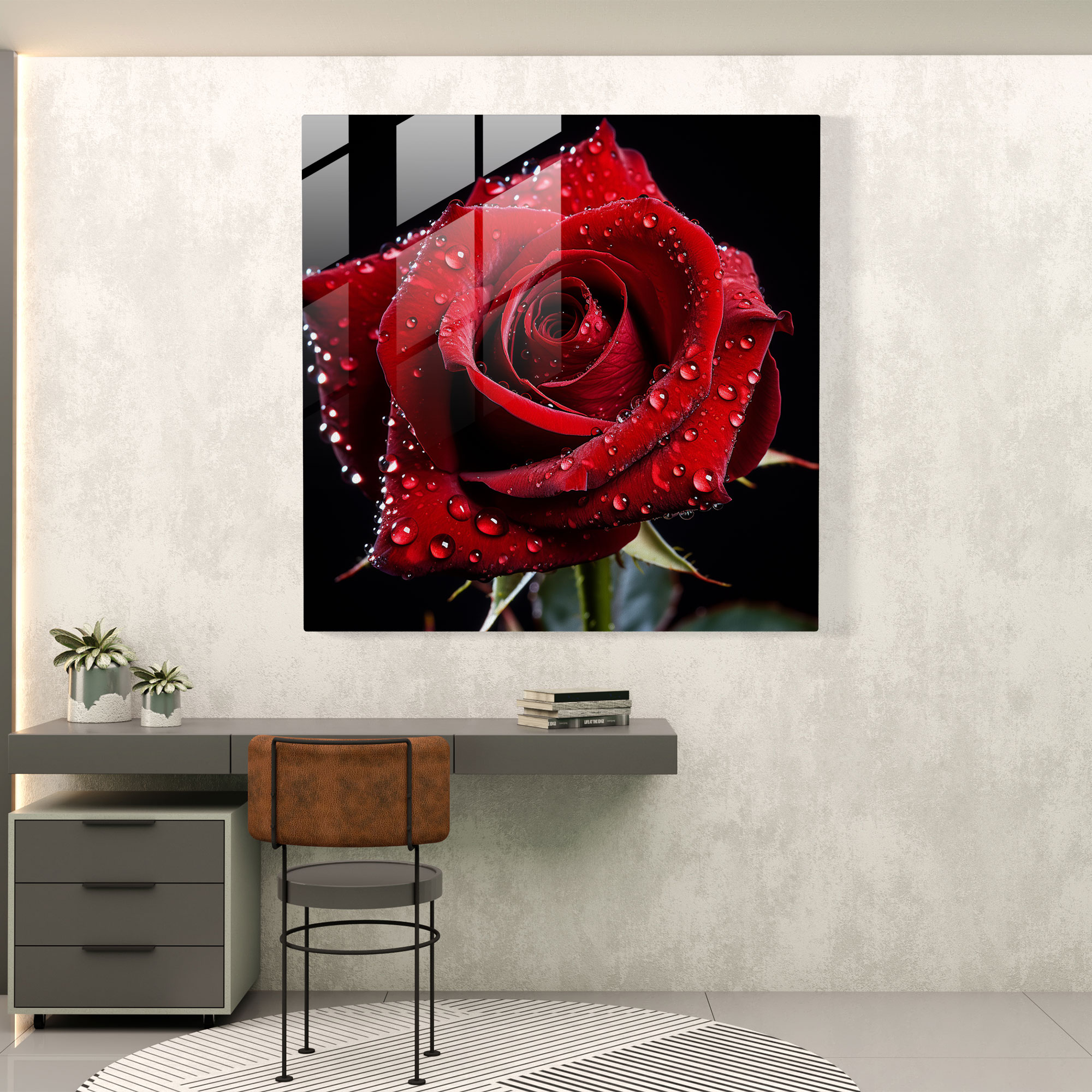 Intricate Rose with Dewdrops Glass Print - Striking Wall Art Decoration
