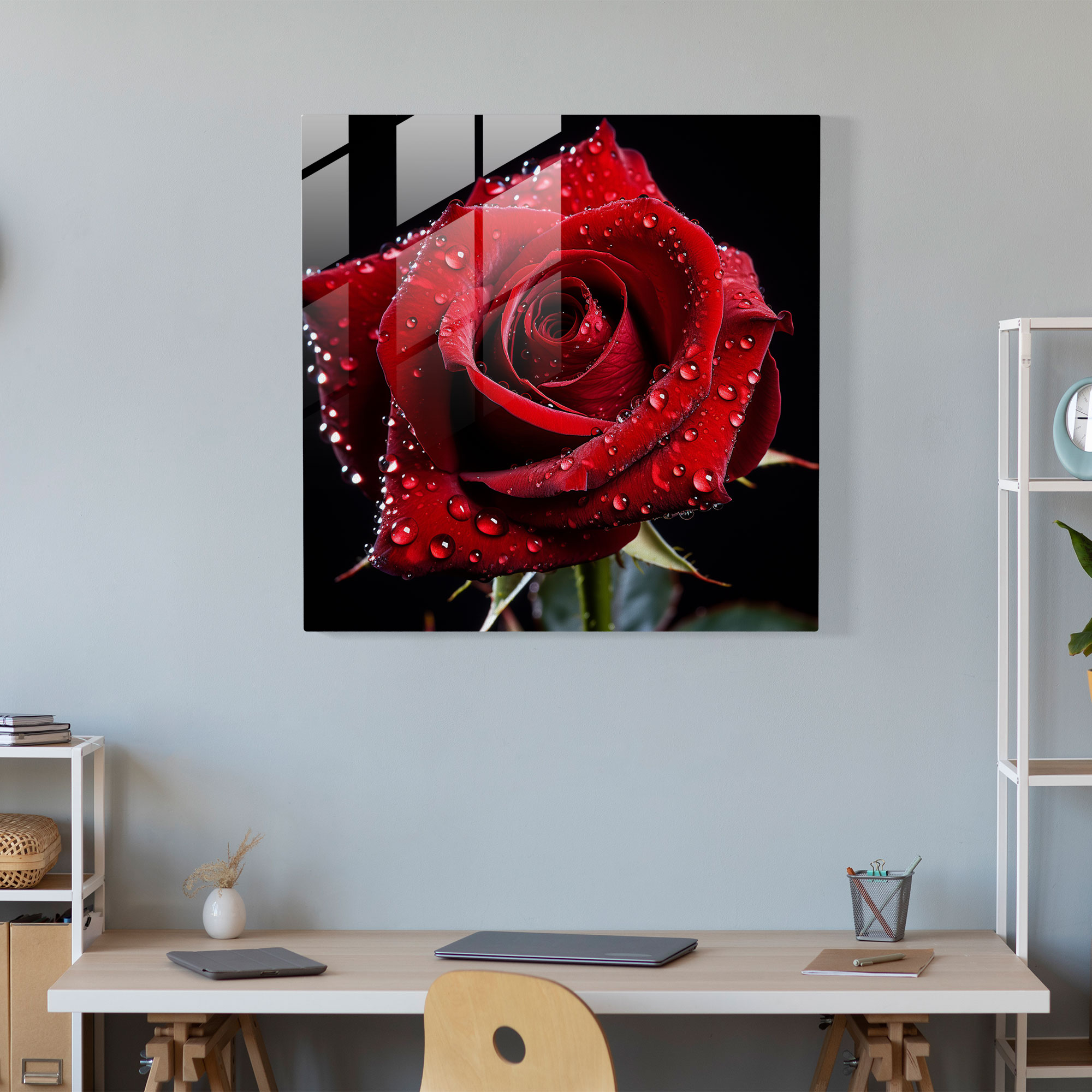 Intricate Rose with Dewdrops Glass Print - Striking Wall Art Decoration