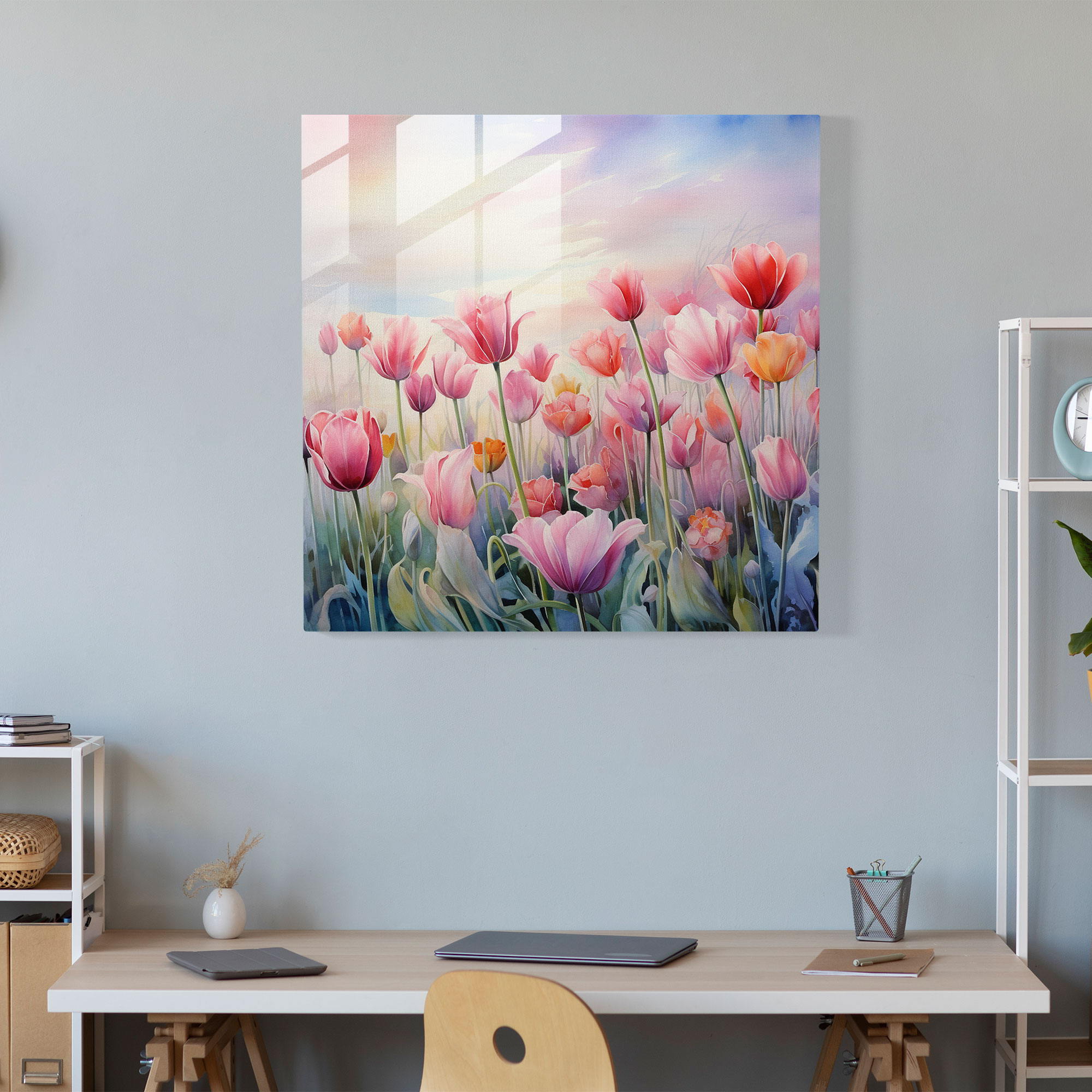 Romantic Tulip Field Glass Print - Delicate Watercolor Wall Decor