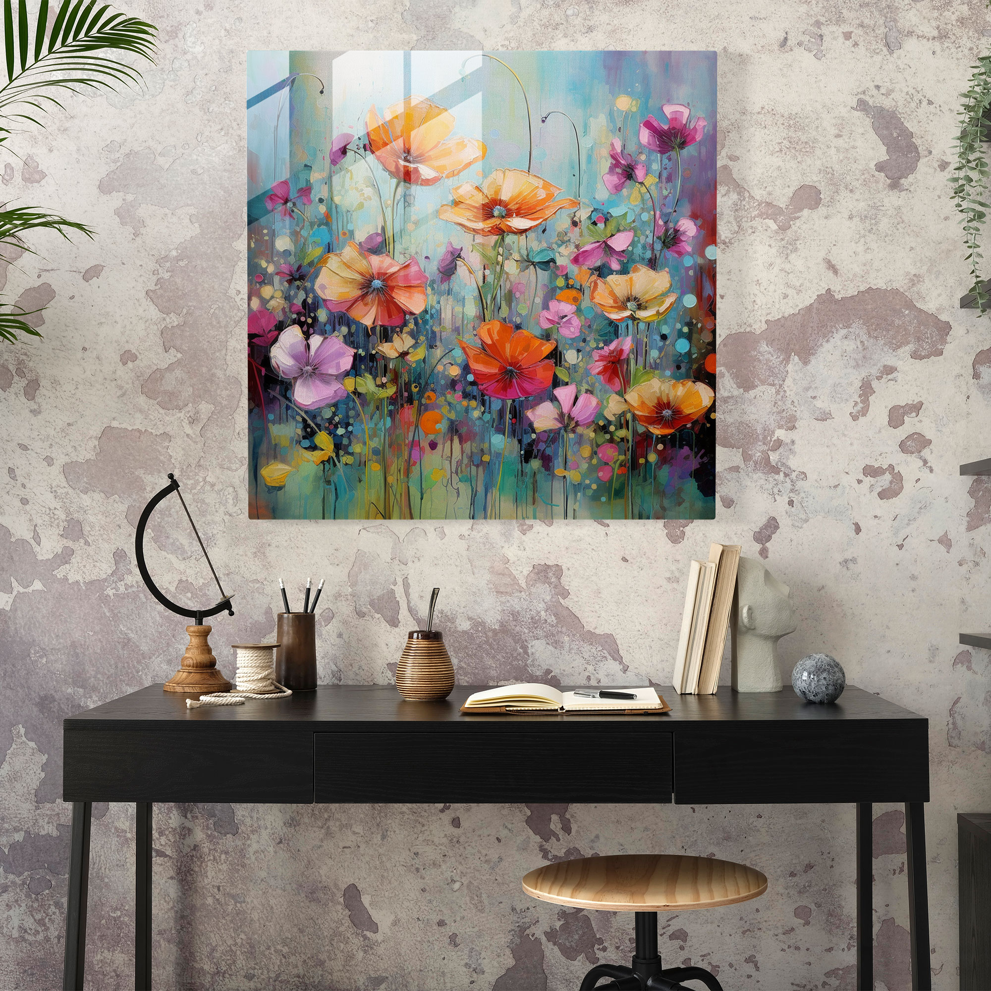 Exquisite Glass Print of Vibrant Floral Abstracts for Home Decoration