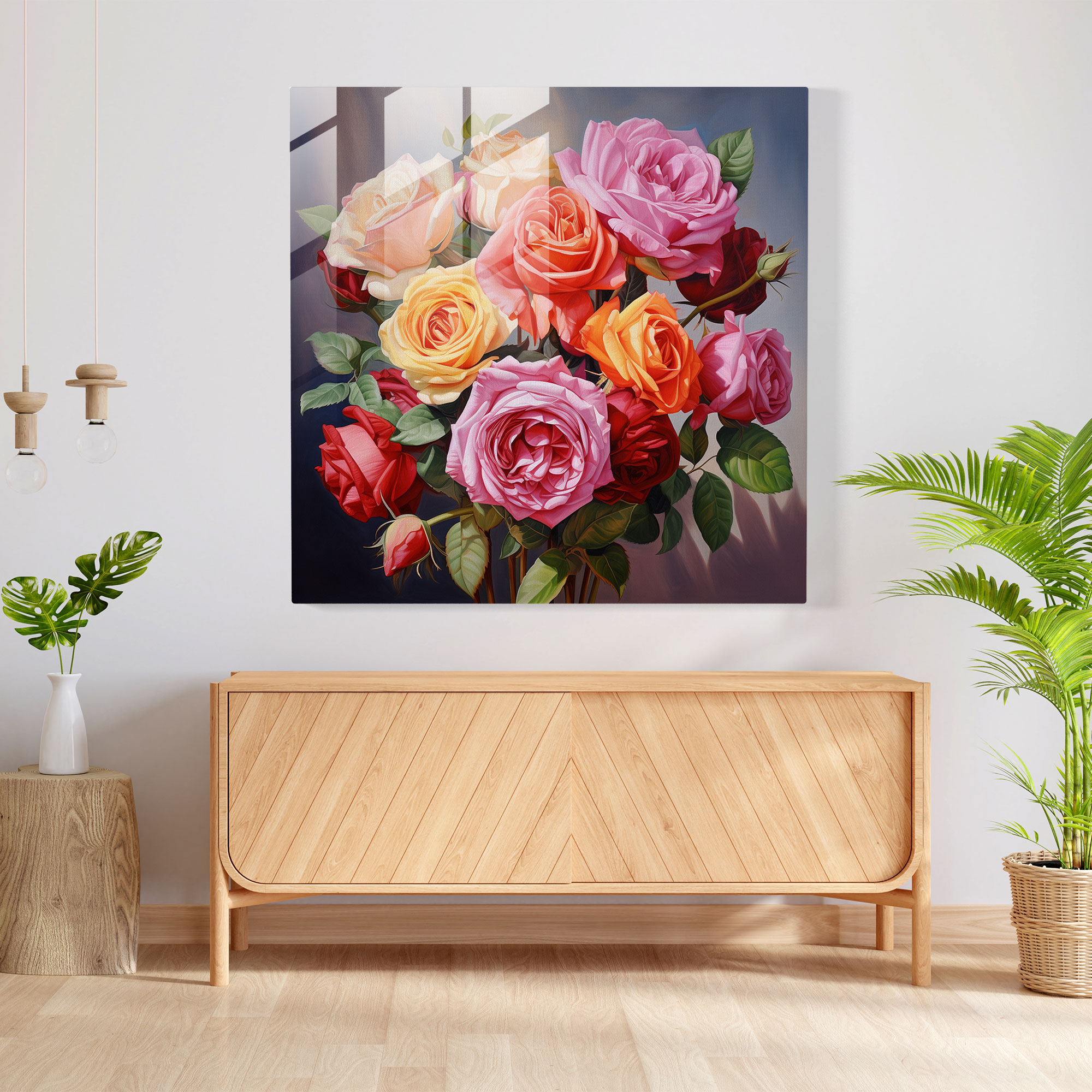 Sophisticated Glass Print of Realistic Rose Bouquet for Home Decor