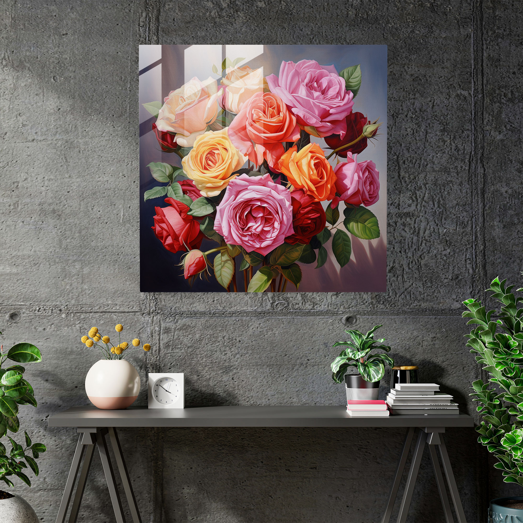 Sophisticated Glass Print of Realistic Rose Bouquet for Home Decor