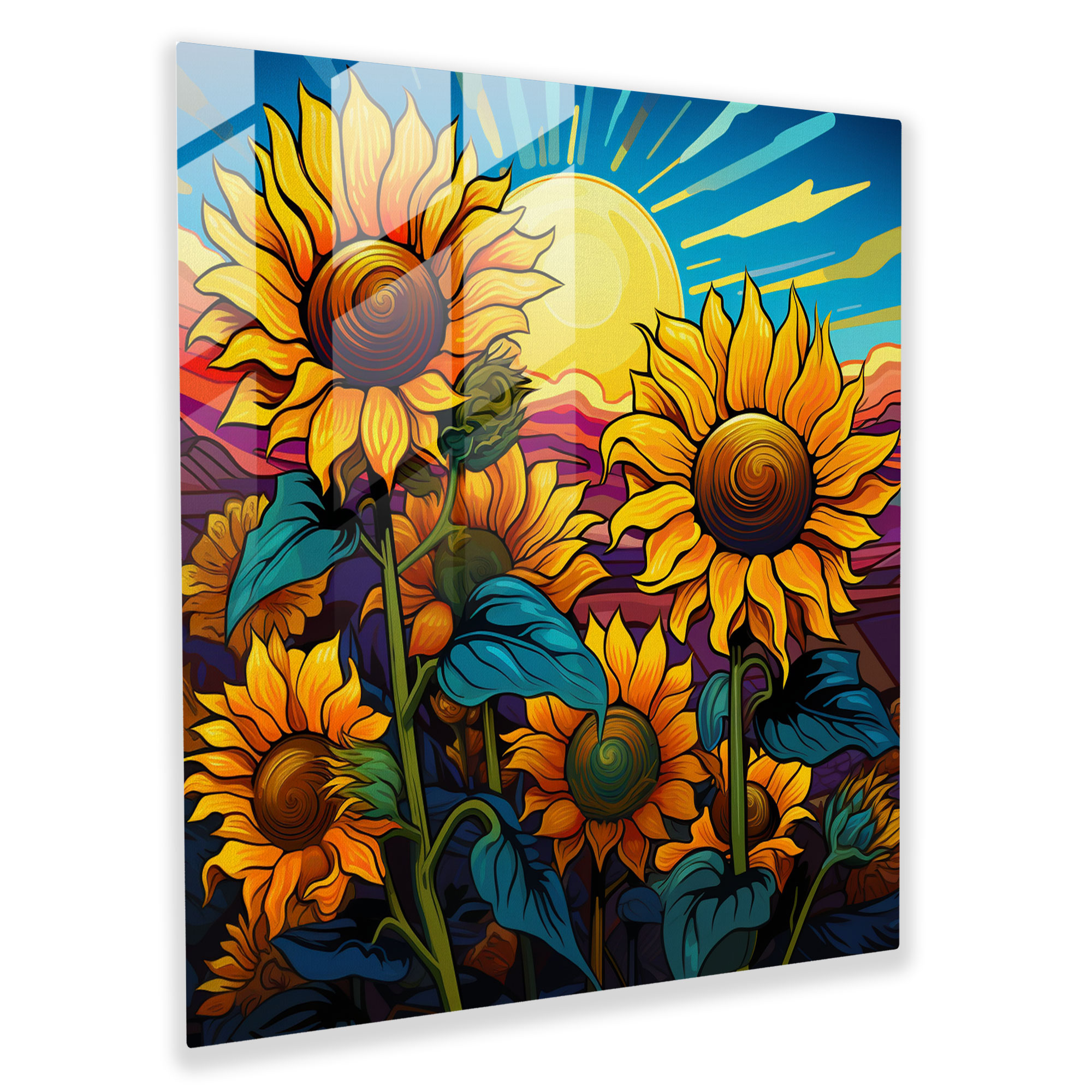 Eye-Catching Glass Print of Colorful Sunflower Field for Wall Decoration