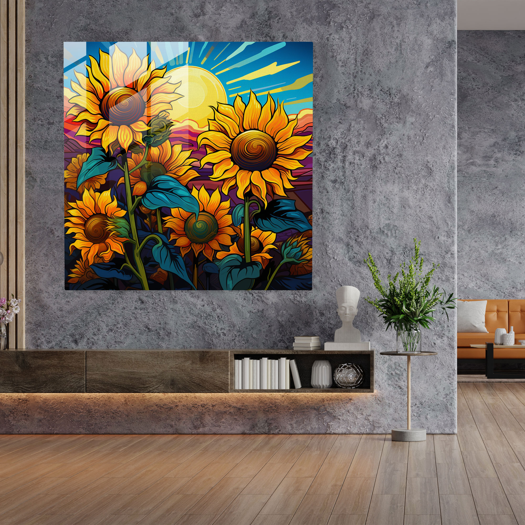 Eye-Catching Glass Print of Colorful Sunflower Field for Wall Decoration