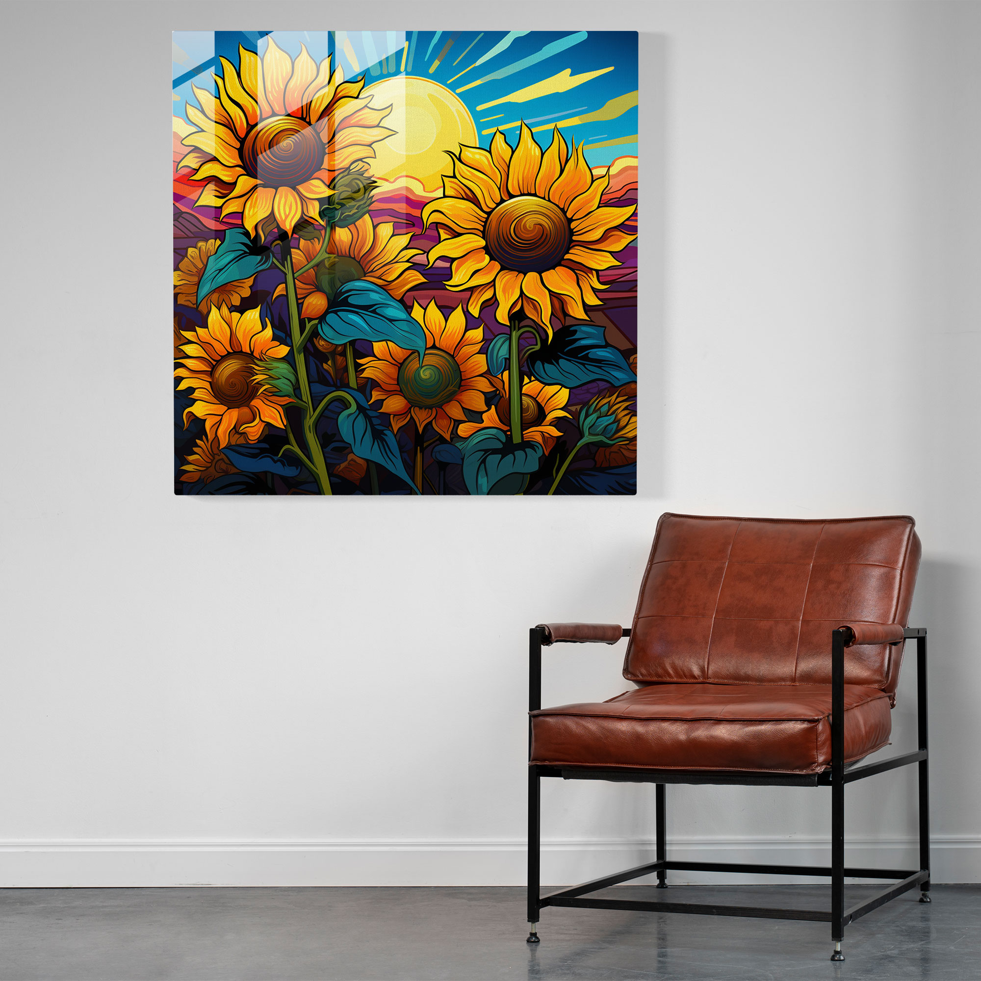 Eye-Catching Glass Print of Colorful Sunflower Field for Wall Decoration