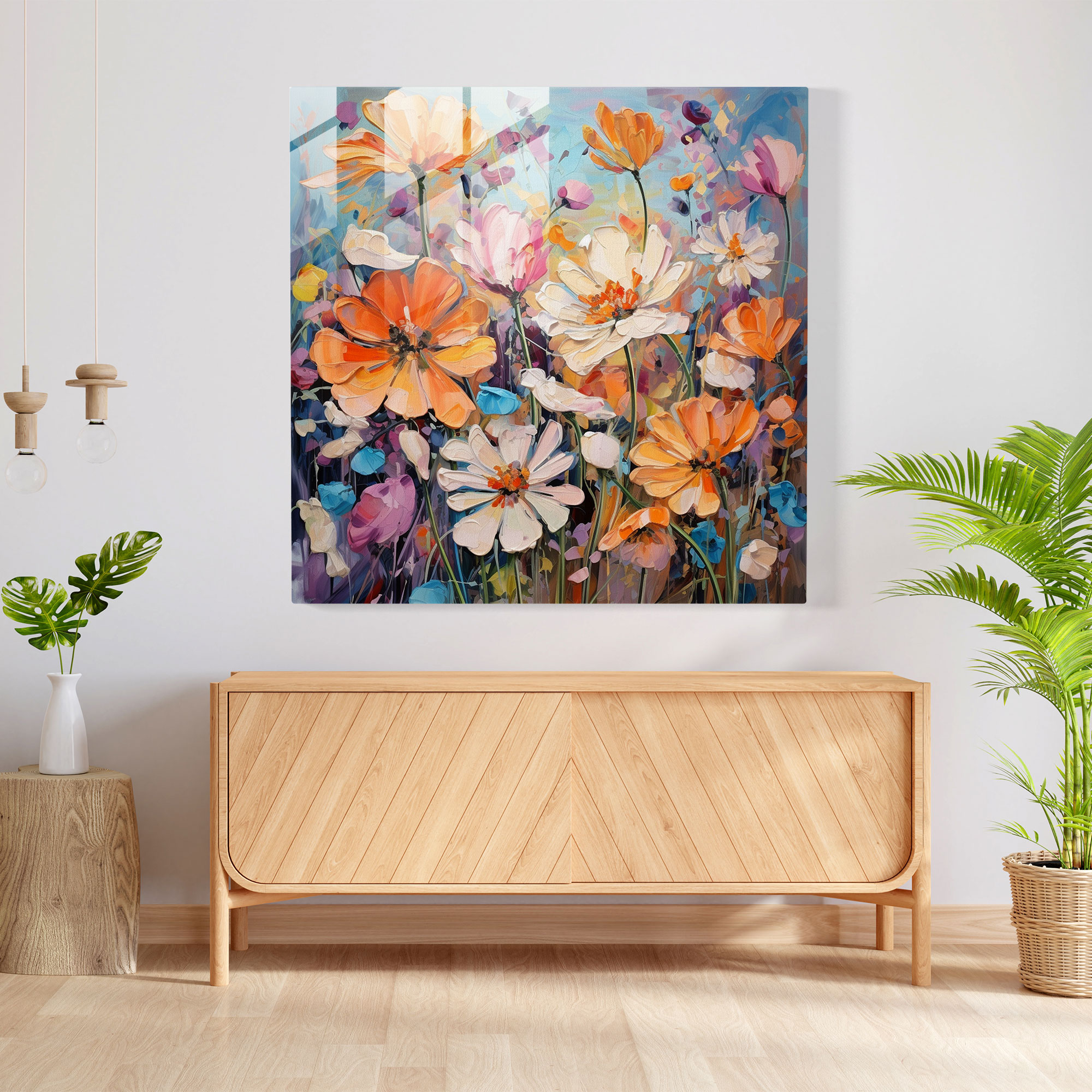 Vibrant Glass Print of Abstract Floral Fusion for Modern Wall Decor