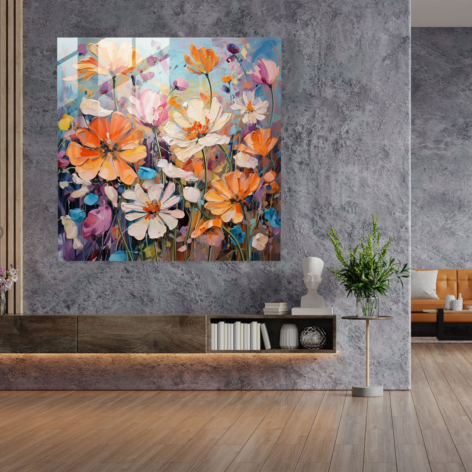 Vibrant Glass Print of Abstract Floral Fusion for Modern Wall Decor