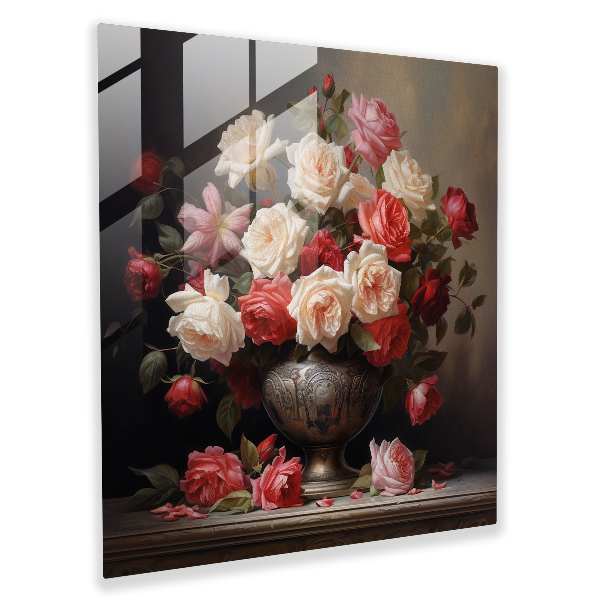 Elegant Floral Glass Print - Classical Oil Painting Rose Bouquet Glass Wall Art - Home Decoration