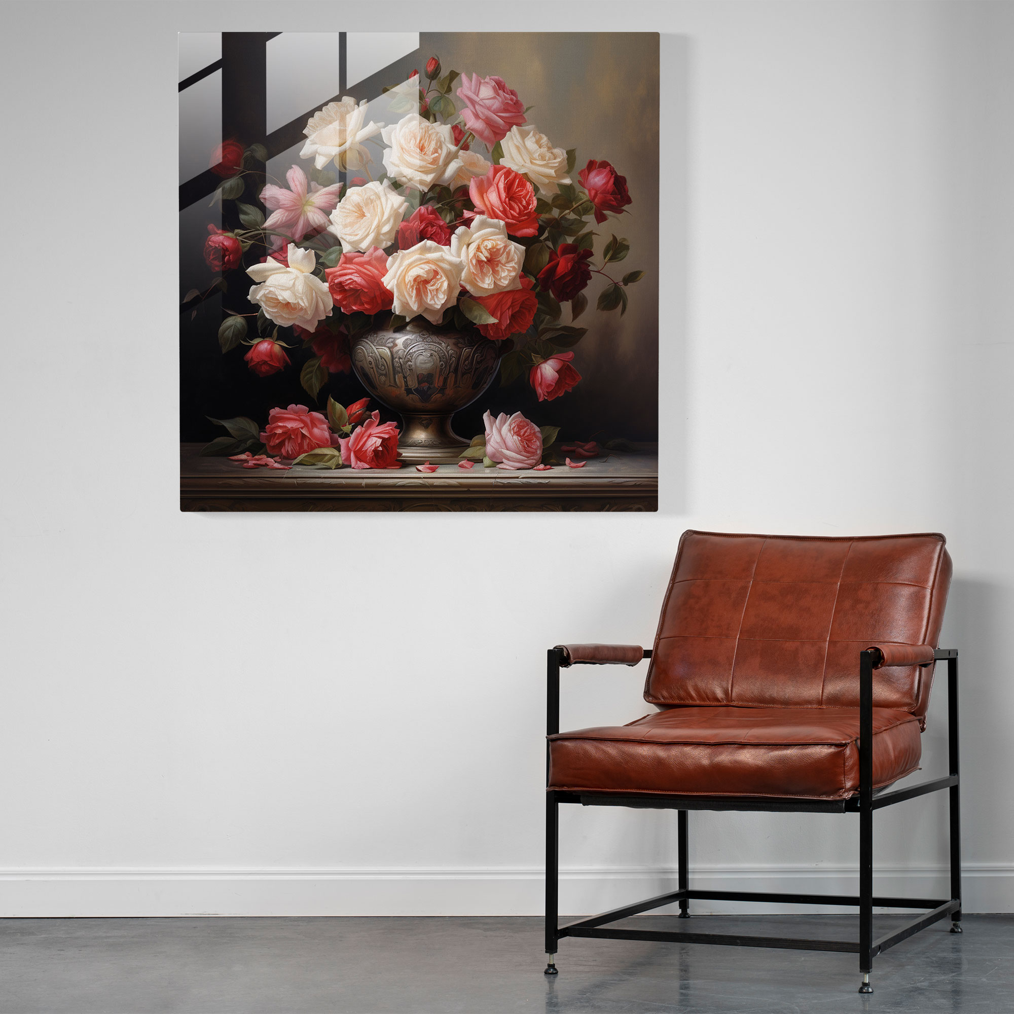 Elegant Floral Glass Print - Classical Oil Painting Rose Bouquet Glass Wall Art - Home Decoration