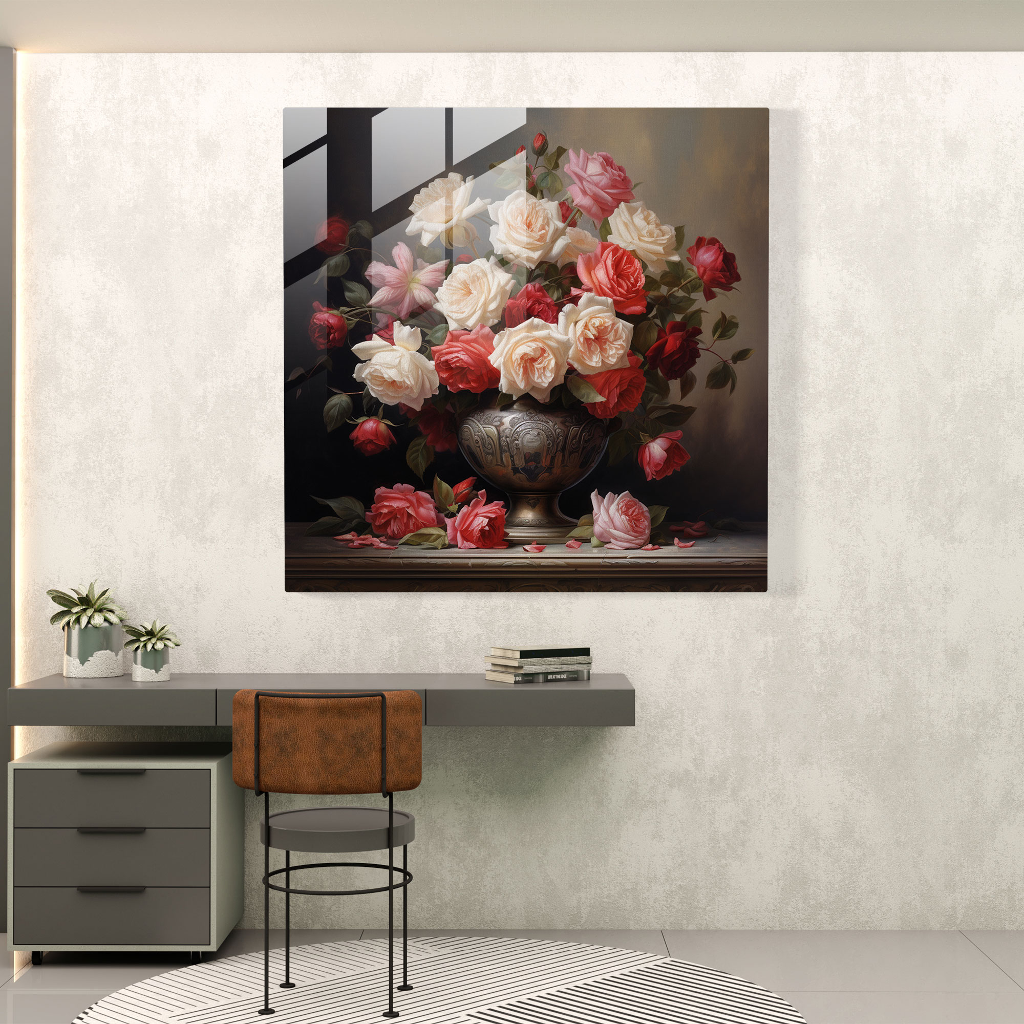 Elegant Floral Glass Print - Classical Oil Painting Rose Bouquet Glass Wall Art - Home Decoration