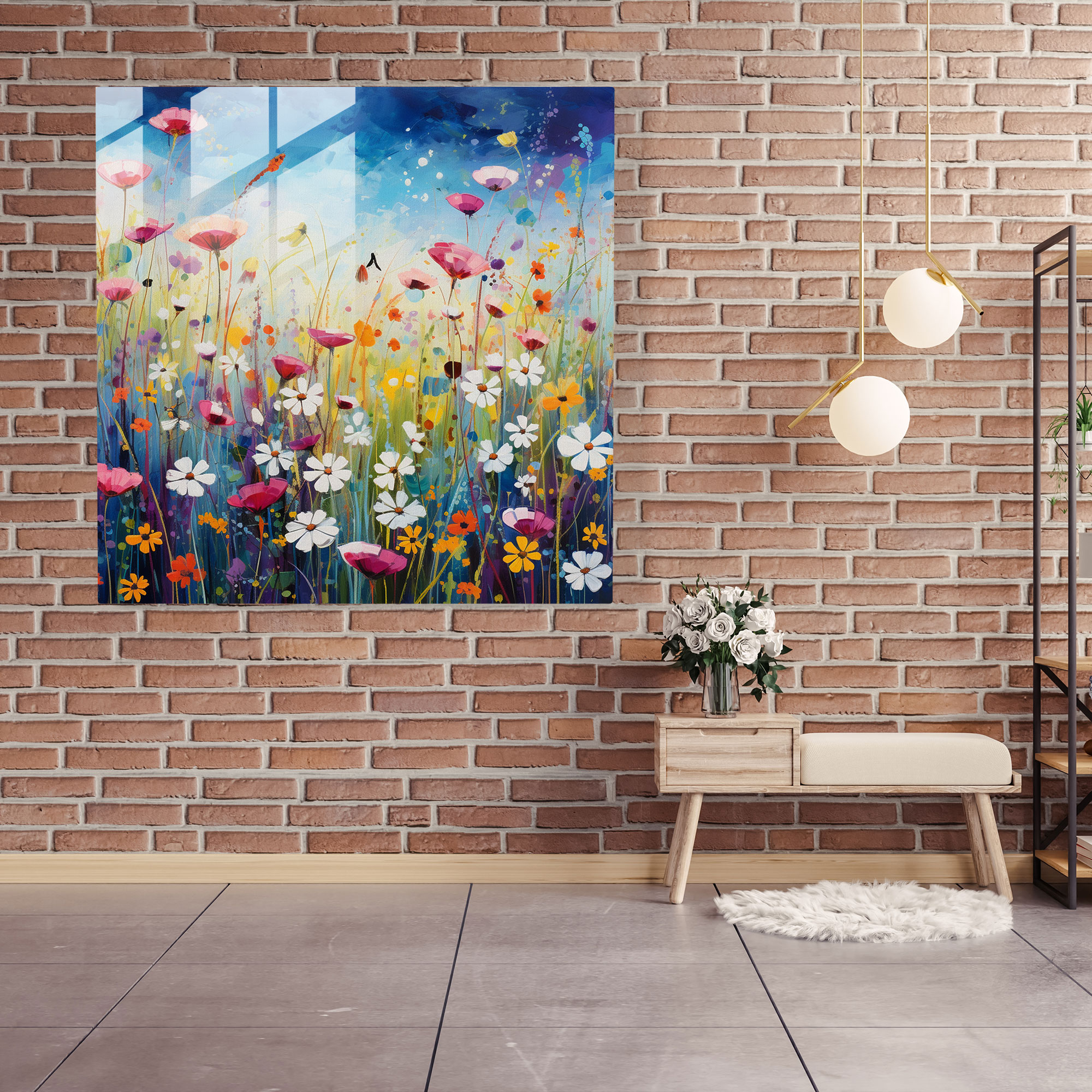 Joyful Wildflowers Glass Print - Abstract Acrylic Painting Wildflower Field Glass Wall Art - Wall Decoration