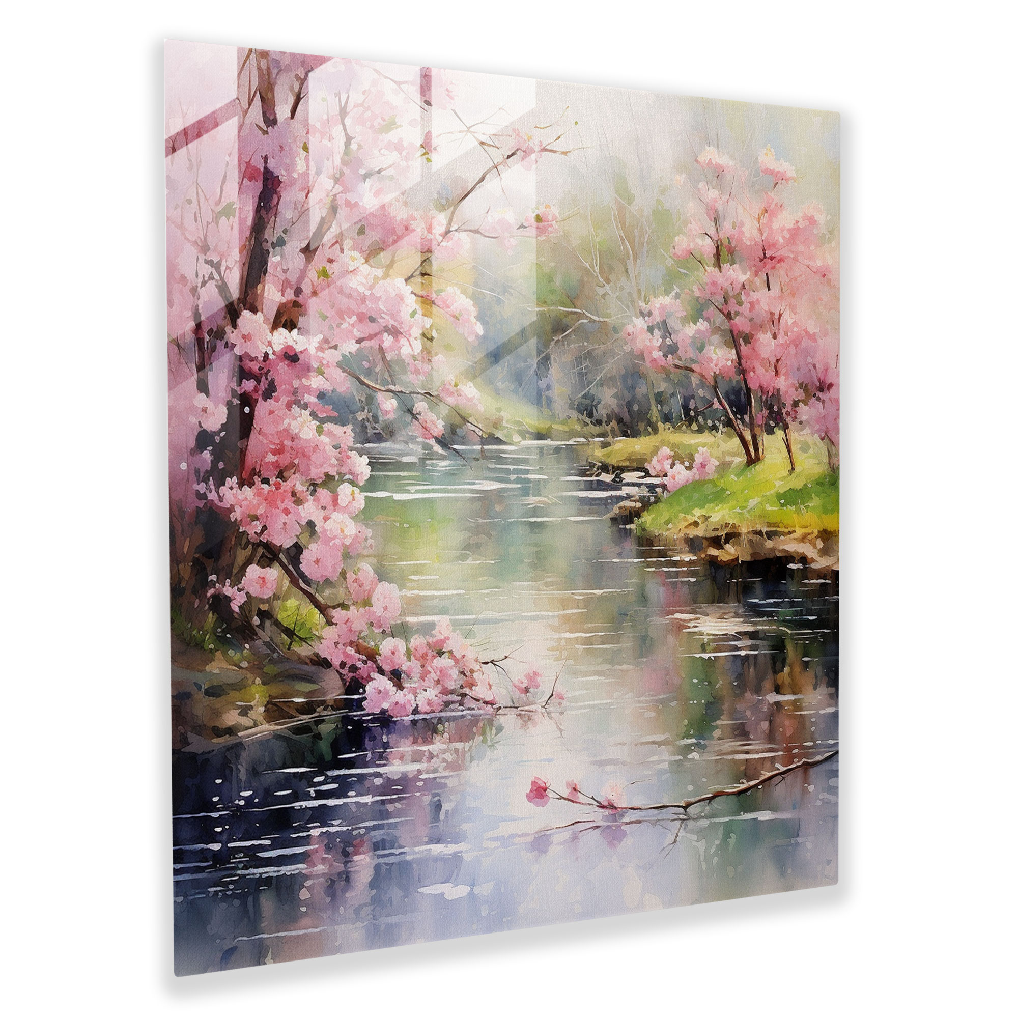 Ruhiger Garten Glasbild - Impressionistische Aquarell Kirschblüten Glaswandkunst - Wohnkultur