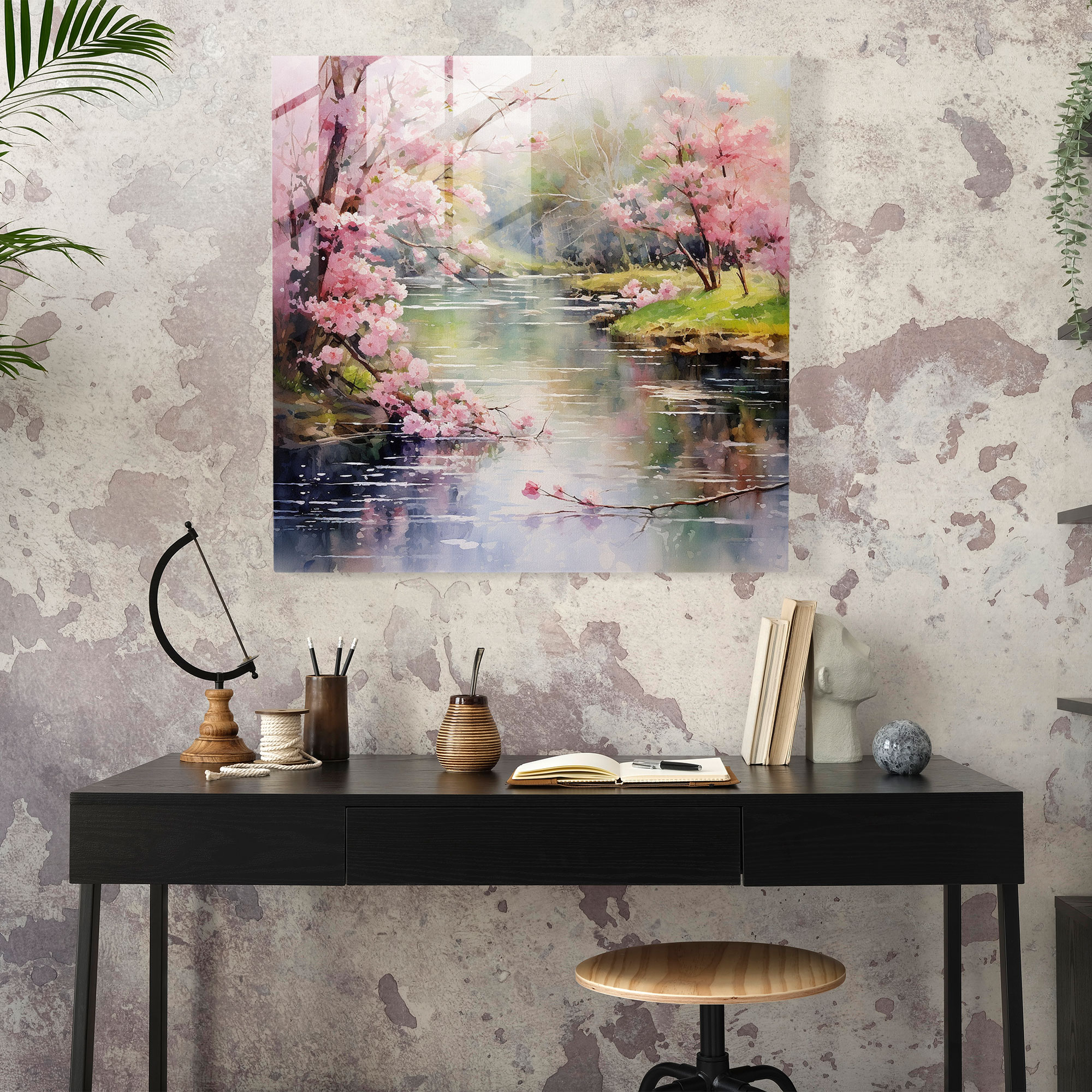 Ruhiger Garten Glasbild - Impressionistische Aquarell Kirschblüten Glaswandkunst - Wohnkultur
