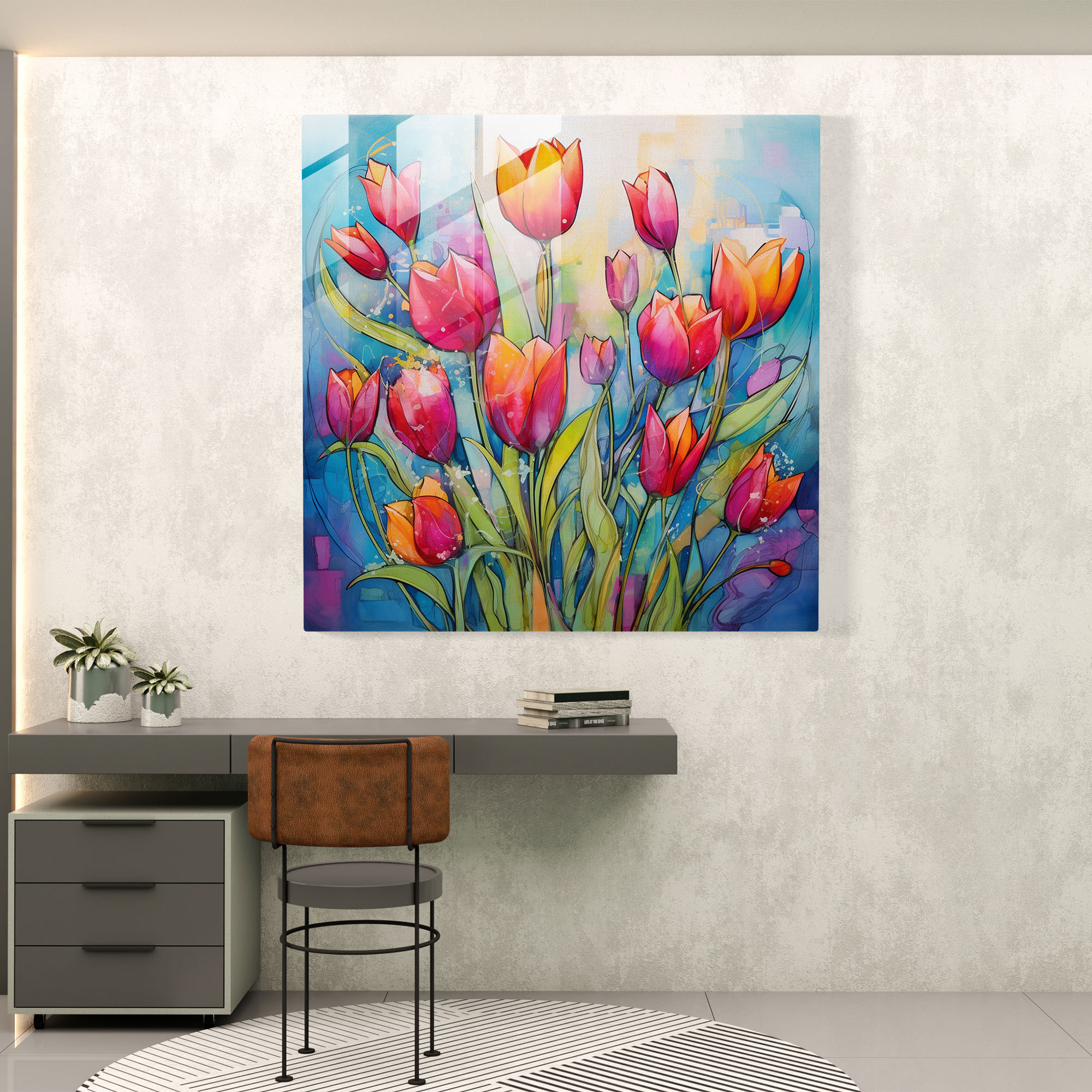 Vibrant Fusion Glass Print - Contemporary Mixed Media Tulips Glass Wall Art - Home Decoration
