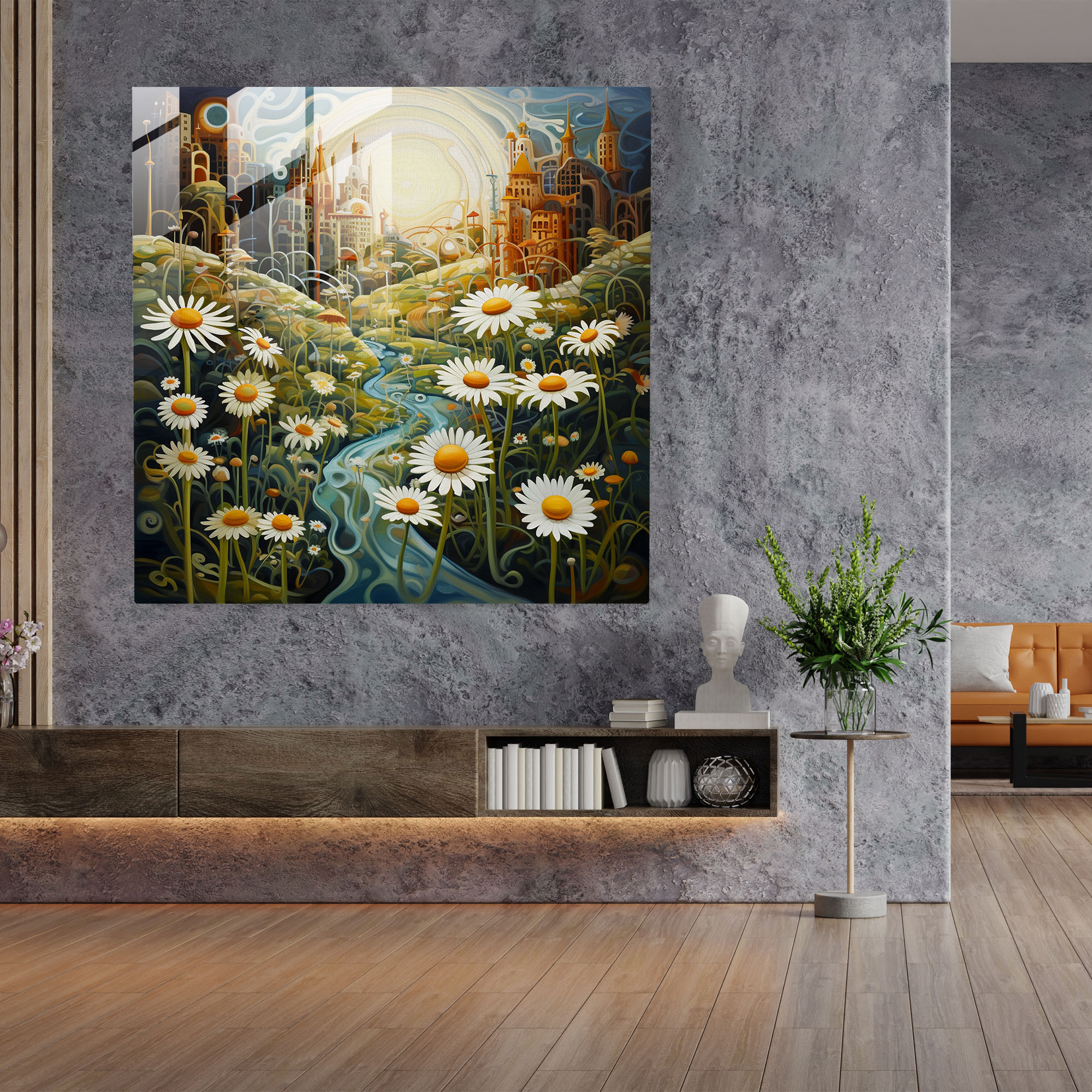 Whimsical Dreams Glass Print - Surrealist Floating Daisies Glass Wall Art - Wall Decoration