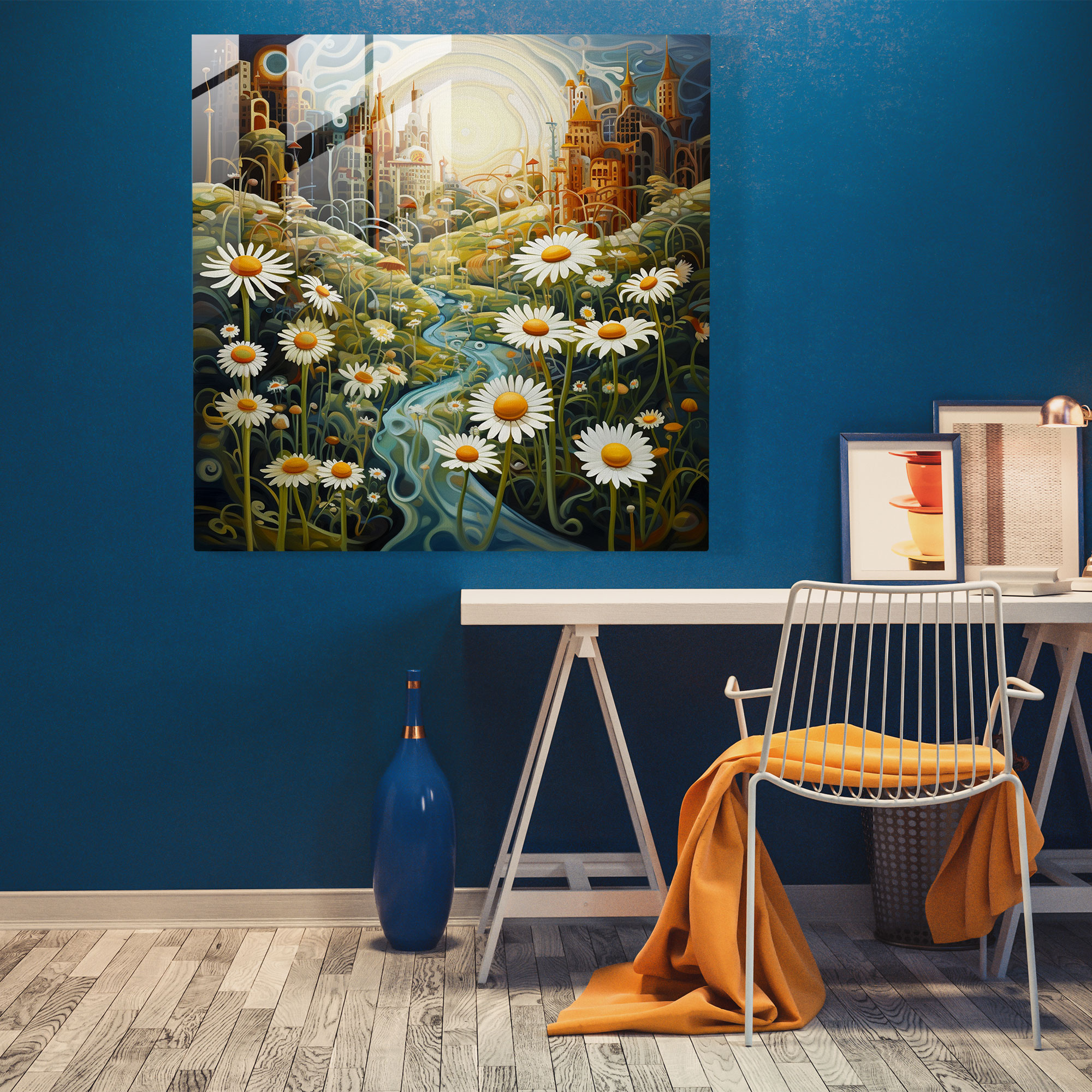 Whimsical Dreams Glass Print - Surrealist Floating Daisies Glass Wall Art - Wall Decoration