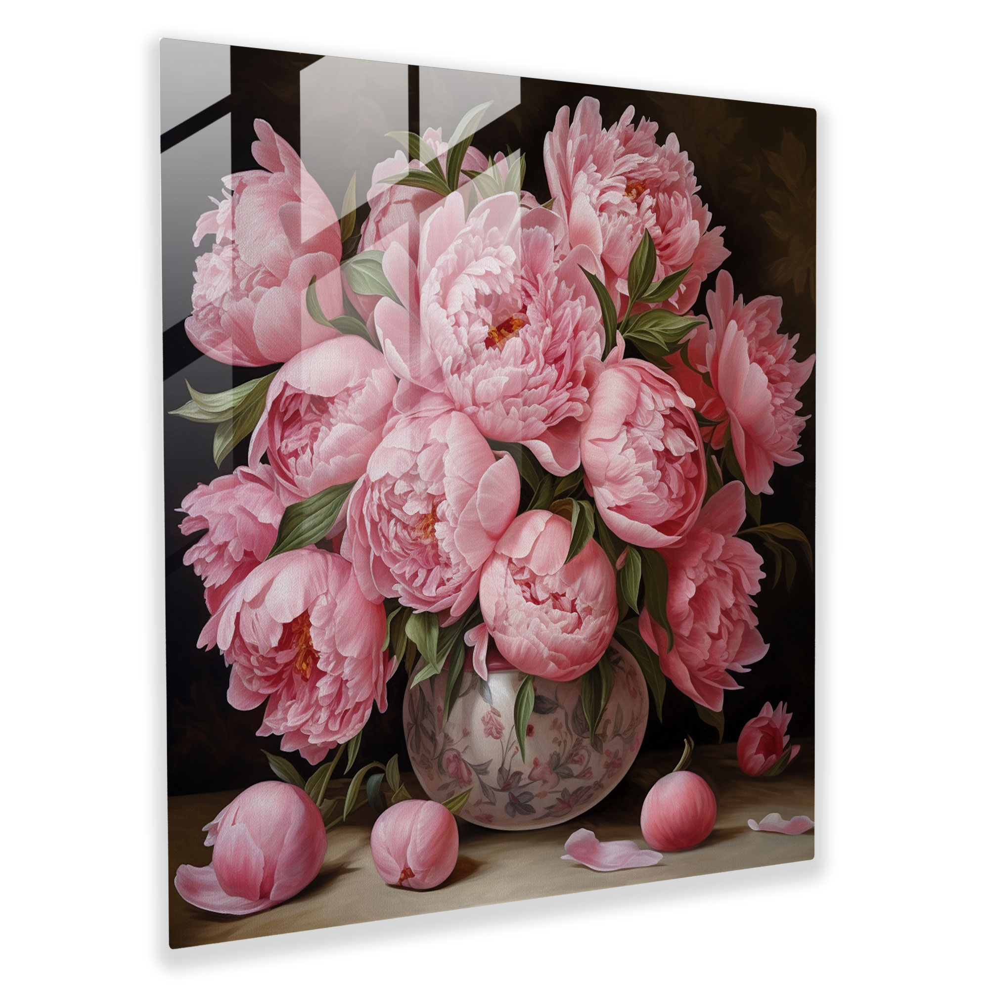 Glasbild Opulente Eleganz - Realistisches Ölgemälde Pfingstrosen Glaswandkunst - Wohnkultur
