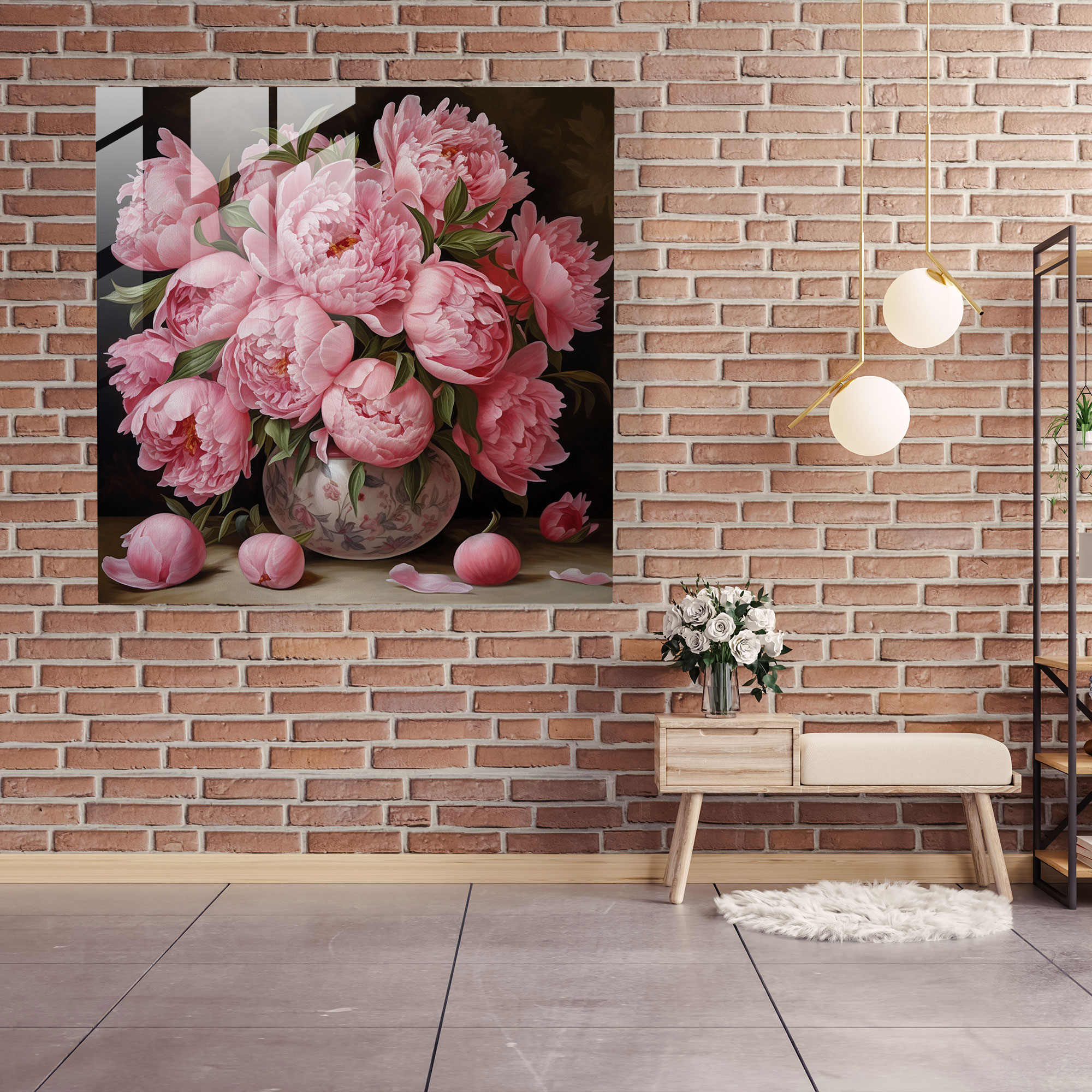 Glasbild Opulente Eleganz - Realistisches Ölgemälde Pfingstrosen Glaswandkunst - Wohnkultur