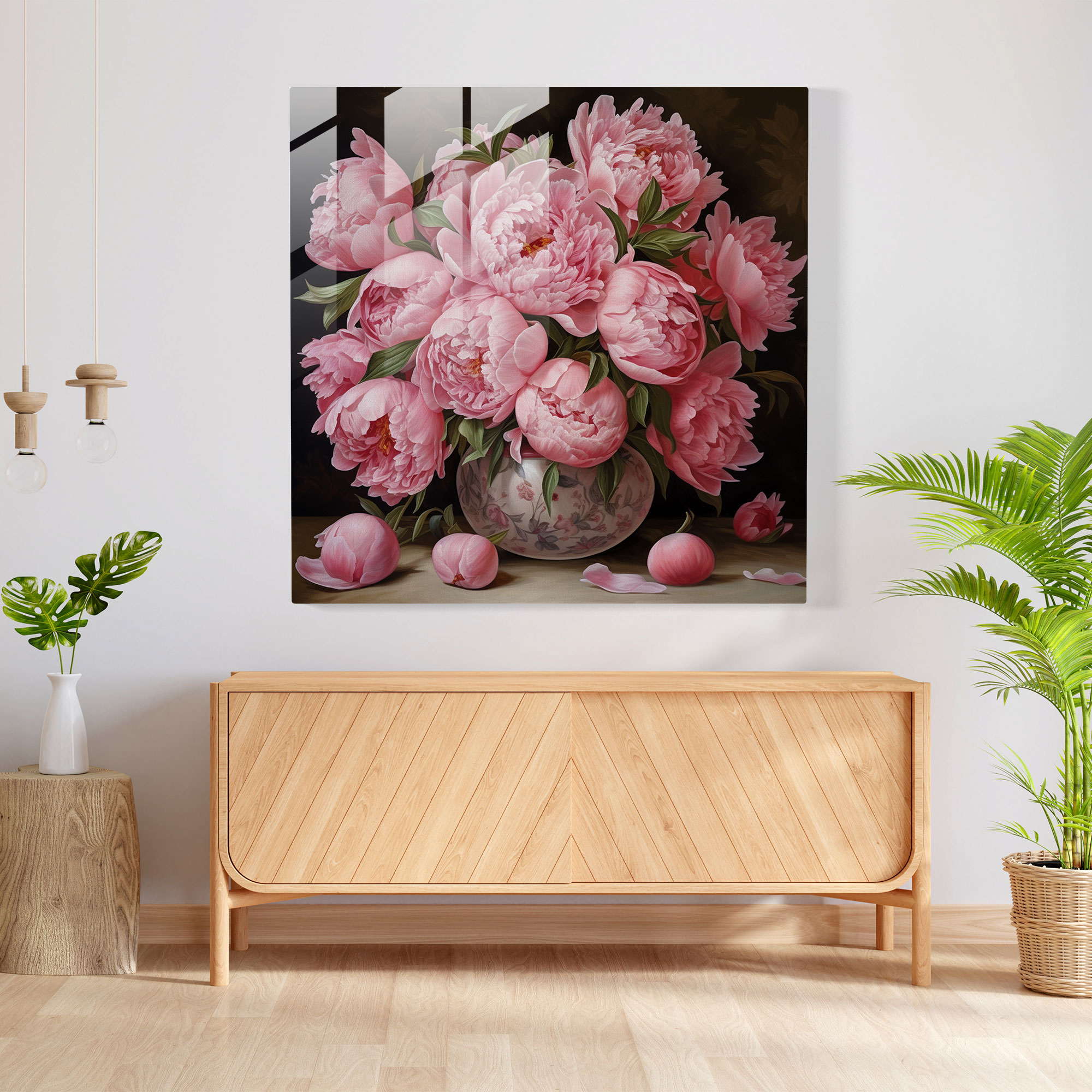 Glasbild Opulente Eleganz - Realistisches Ölgemälde Pfingstrosen Glaswandkunst - Wohnkultur