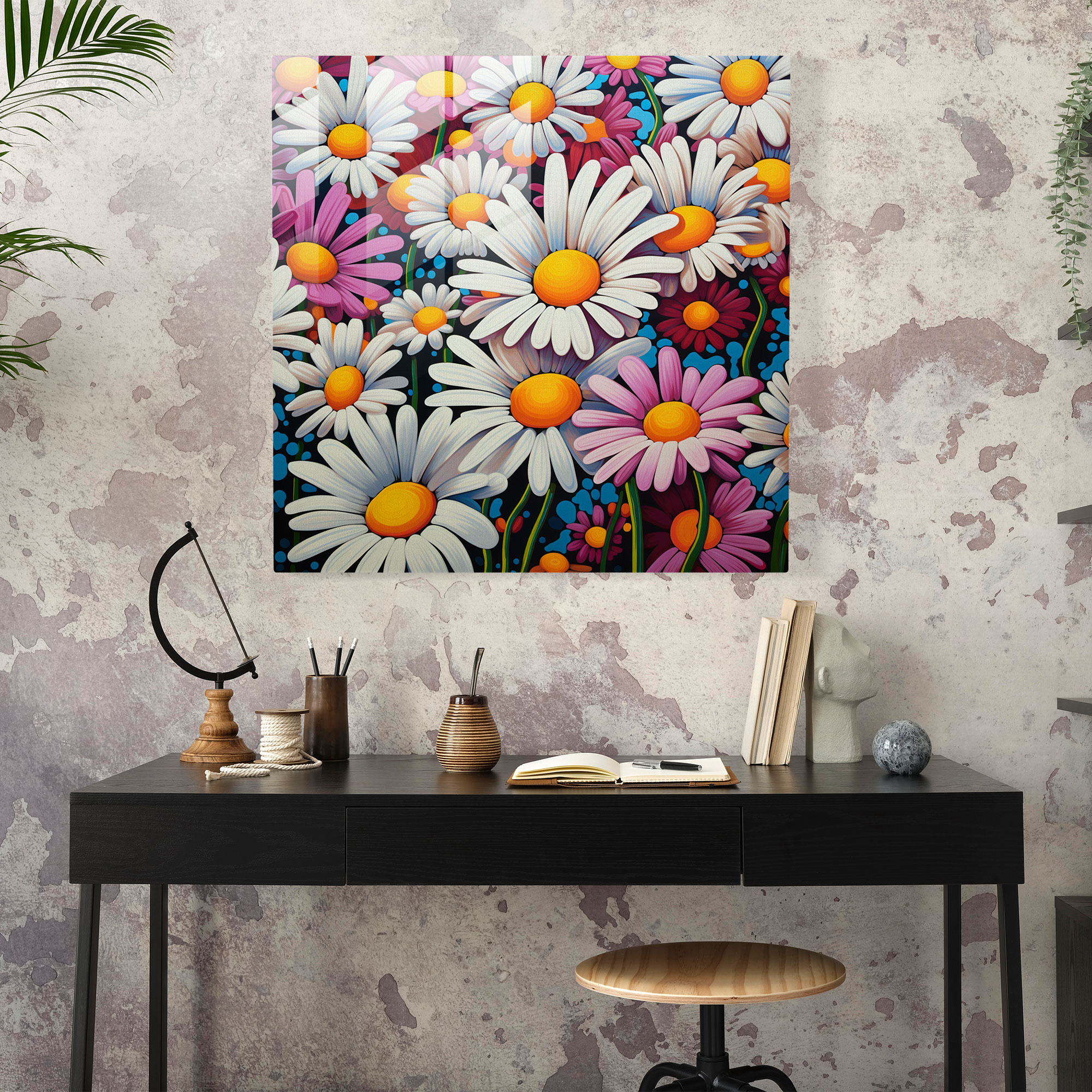 Playful Blooms Glass Print - Pop Art Inspired Daisies Glass Wall Art - Wall Decoration