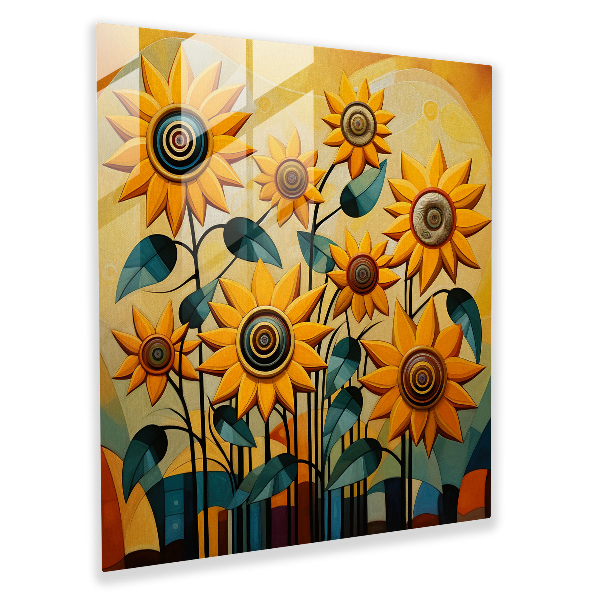 Harmonious Balance Glass Print - Geometric Abstract Sunflowers Glass Wall Art - Home Decoration