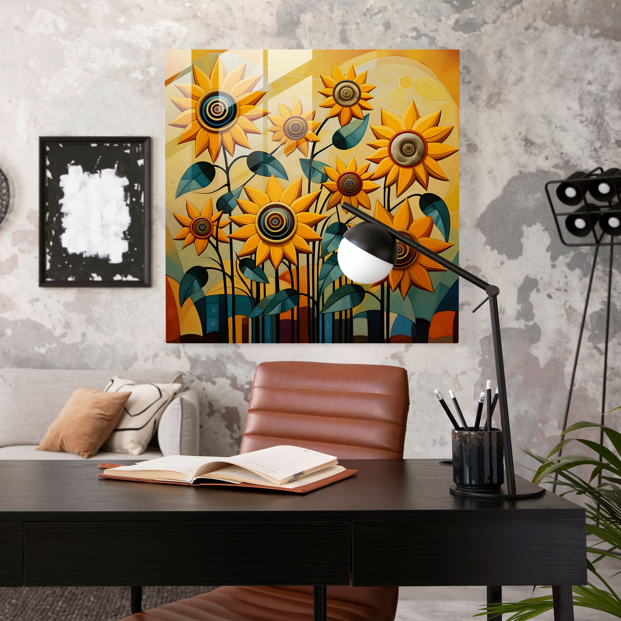 Harmonious Balance Glass Print - Geometric Abstract Sunflowers Glass Wall Art - Home Decoration