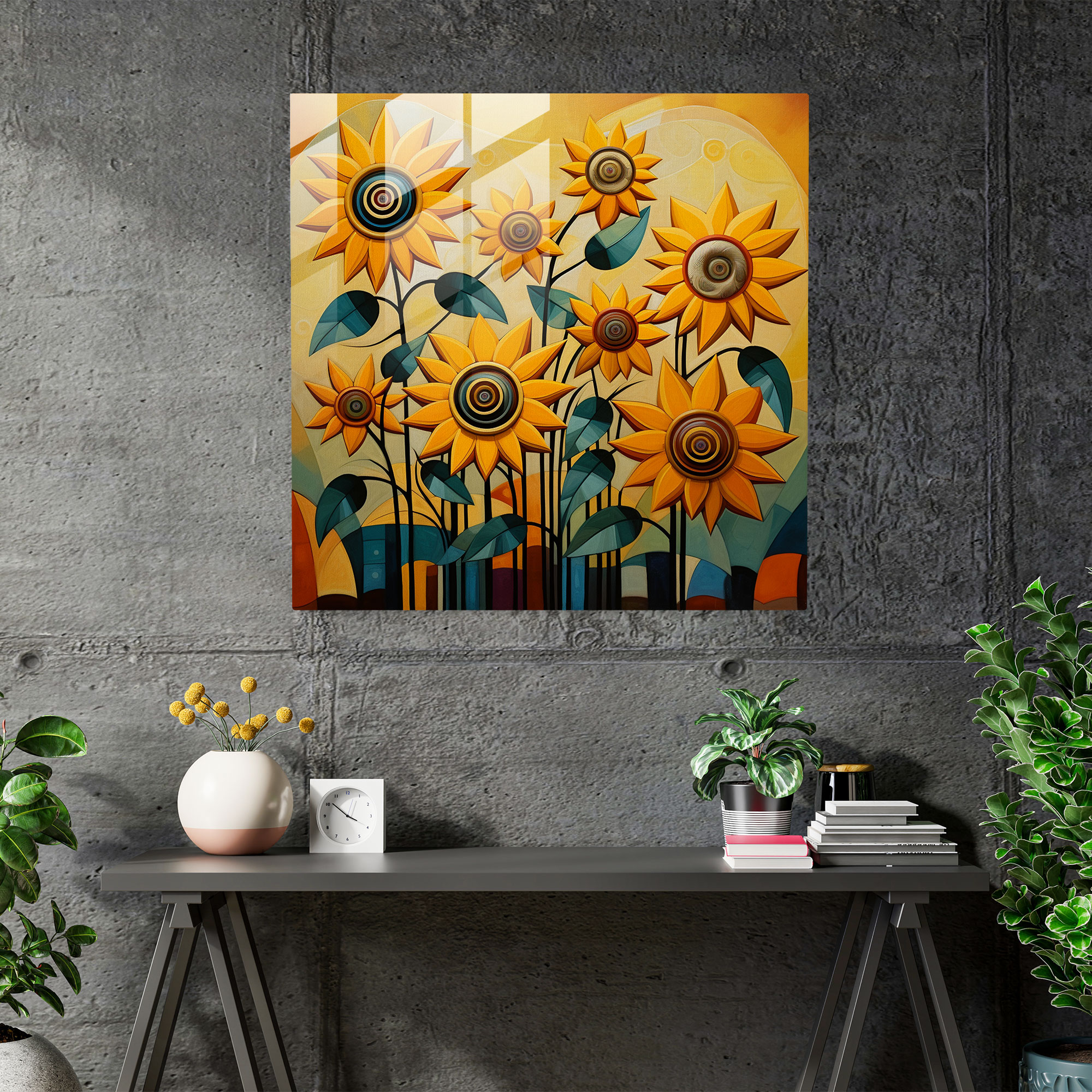 Harmonious Balance Glass Print - Geometric Abstract Sunflowers Glass Wall Art - Home Decoration