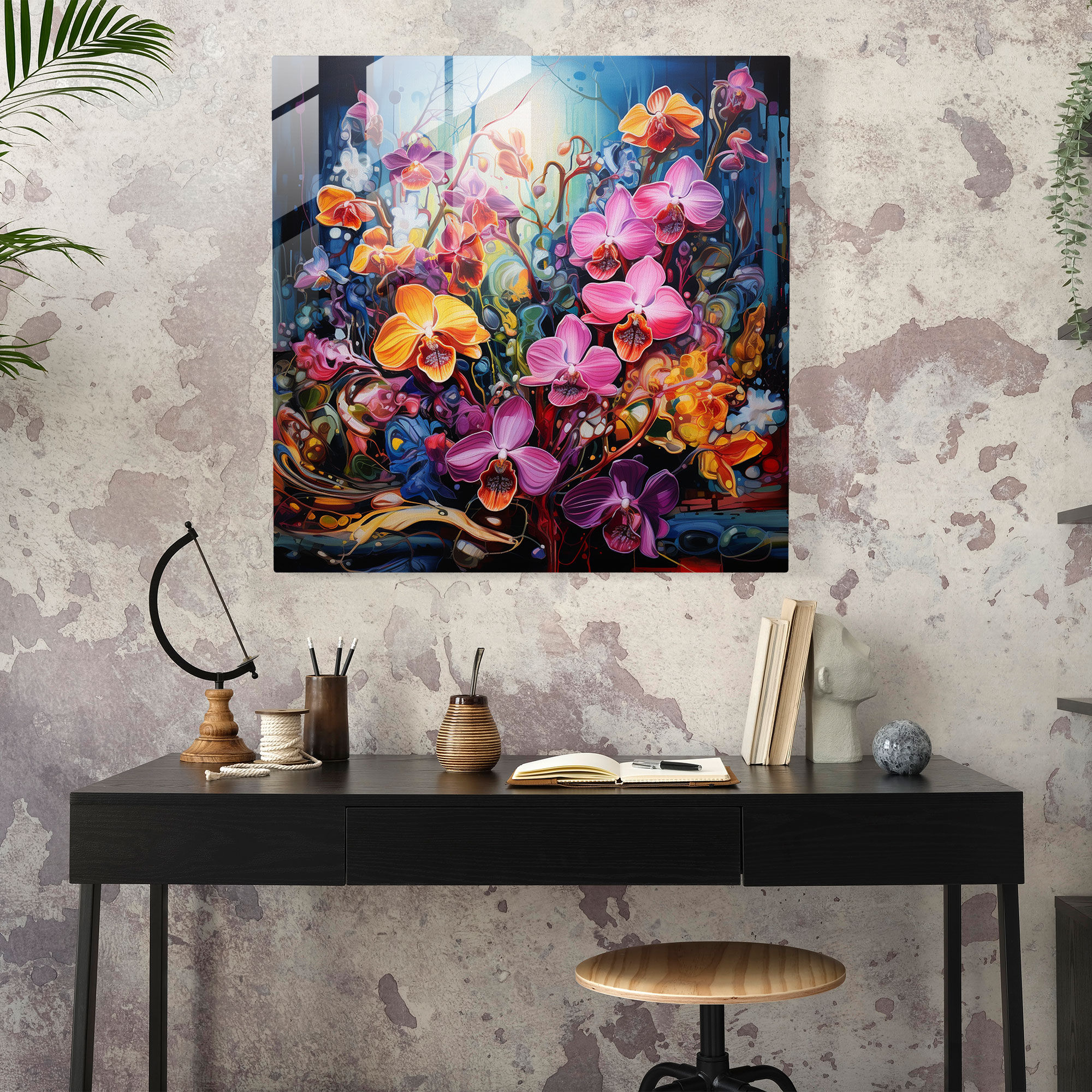 Passionate Blossoms Glass Print - Neo-Expressionist Exotic Orchids Glass Wall Art - Wall Decoration