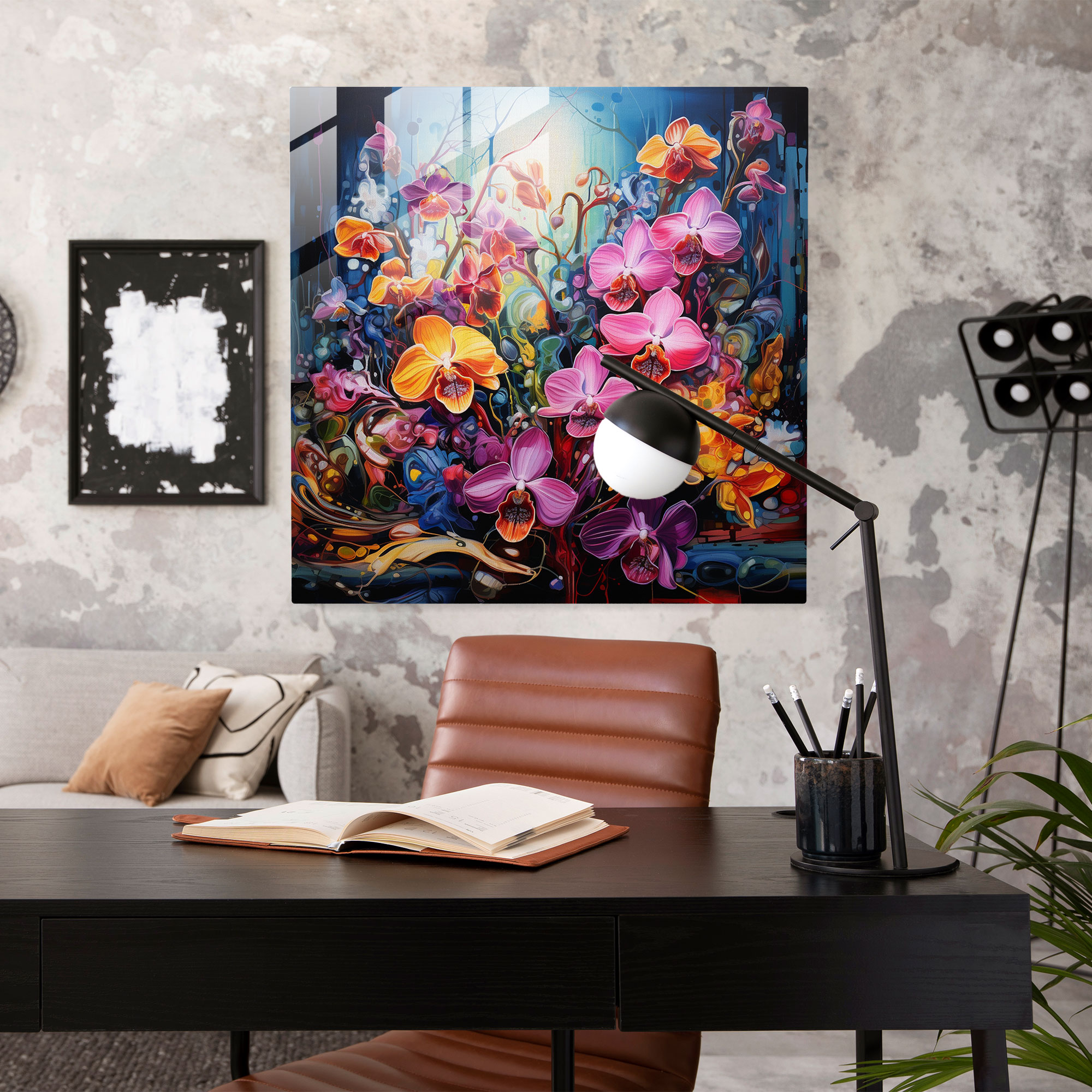 Passionate Blossoms Glass Print - Neo-Expressionist Exotic Orchids Glass Wall Art - Wall Decoration