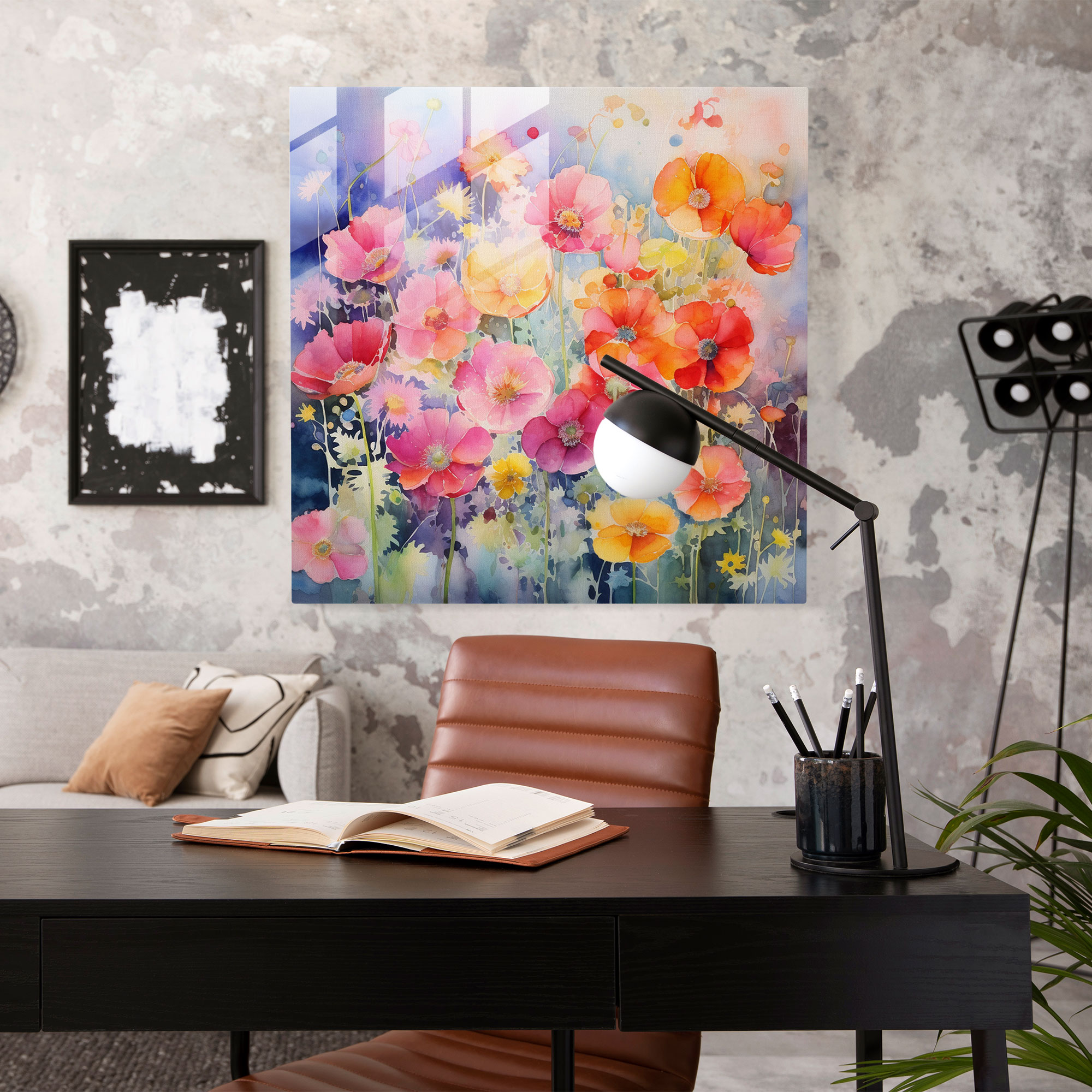 Elegantes Blüten-Glasbild - Abstraktes Aquarellblumengarten Glaswandkunst - Wohnkultur